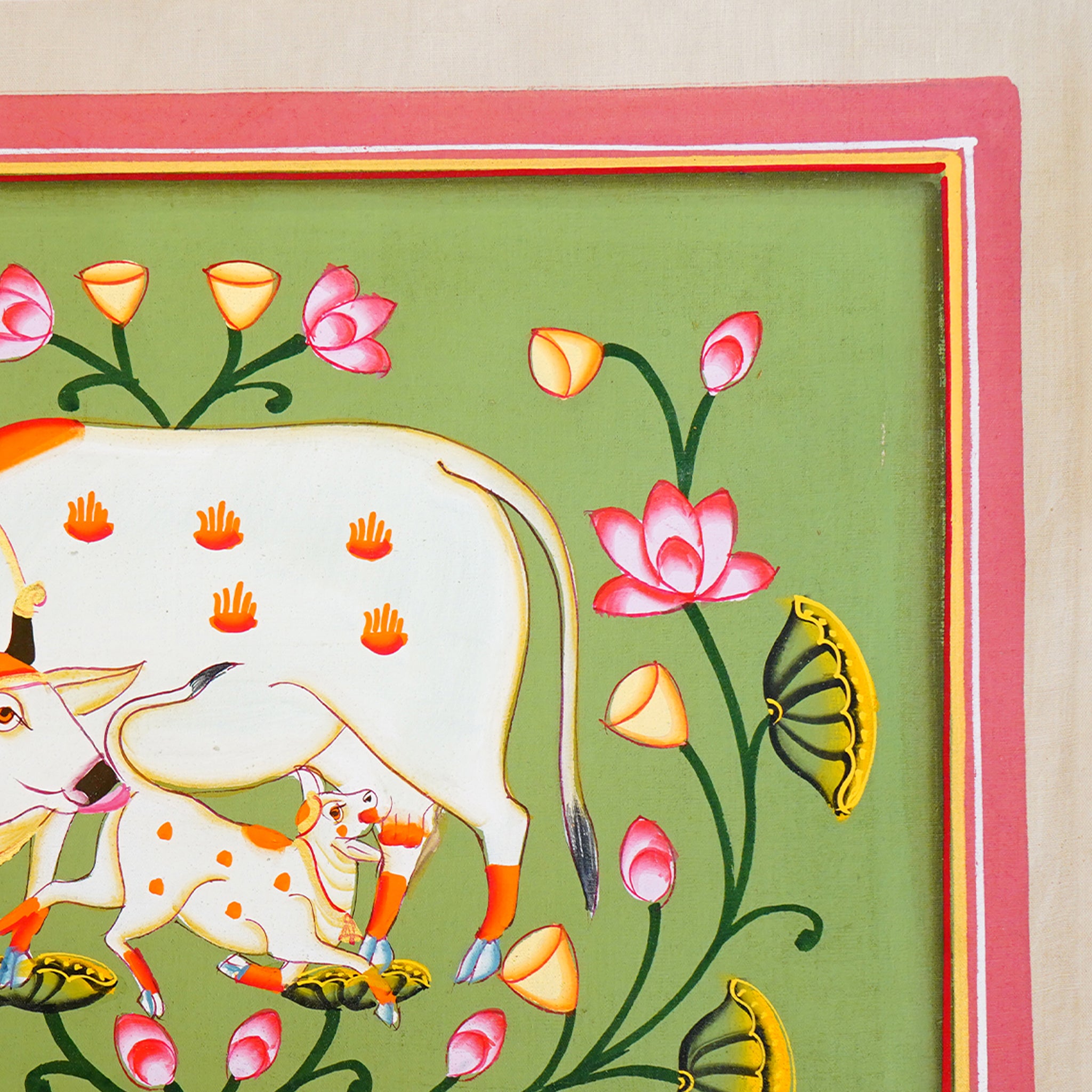 Hand Painted Pichwai Cow & Calf Painting - Lotus Jhal Motifs|Red