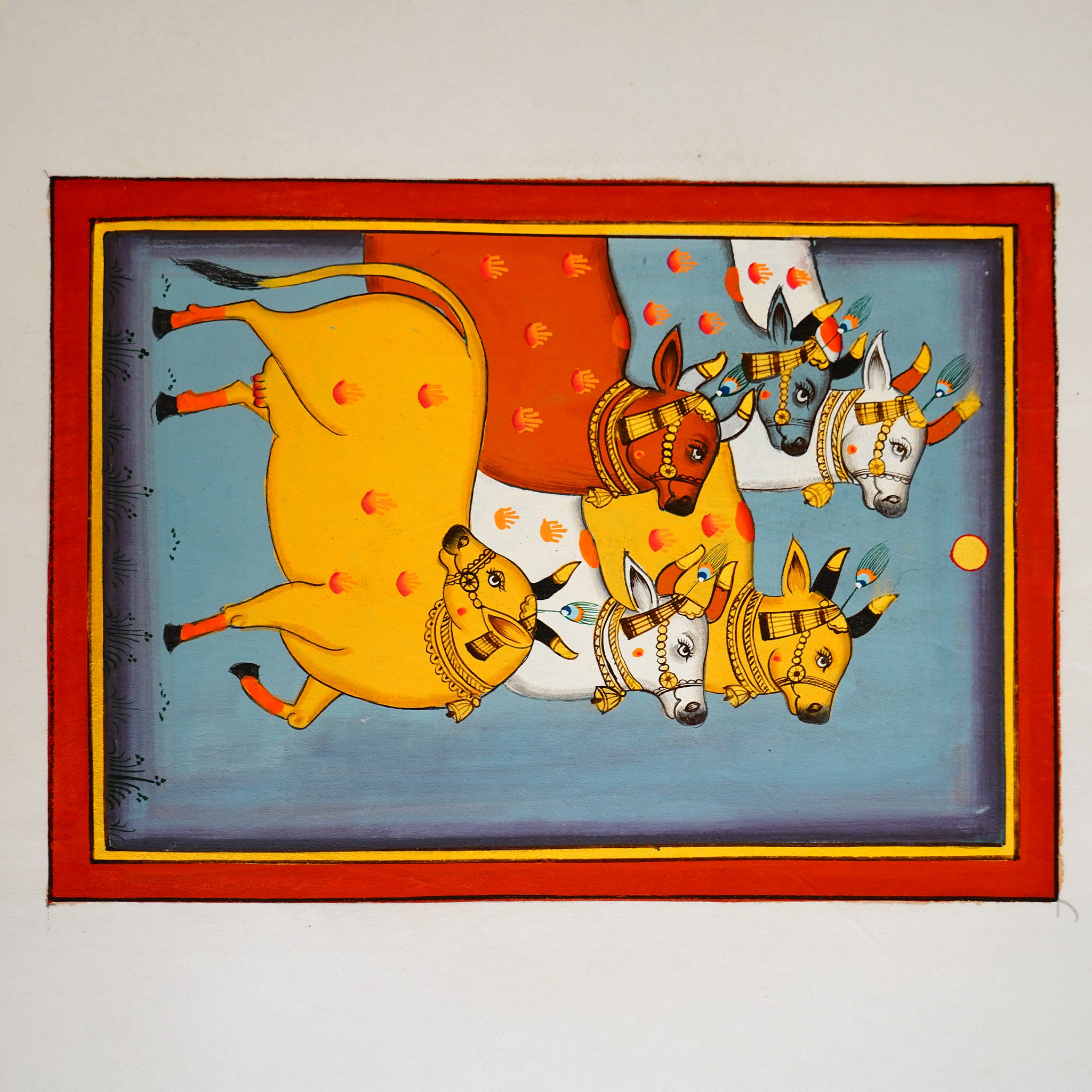 Hand Painted Pichwai Painting of Six Cows Symbol of Abundance & Peace in Serene Art