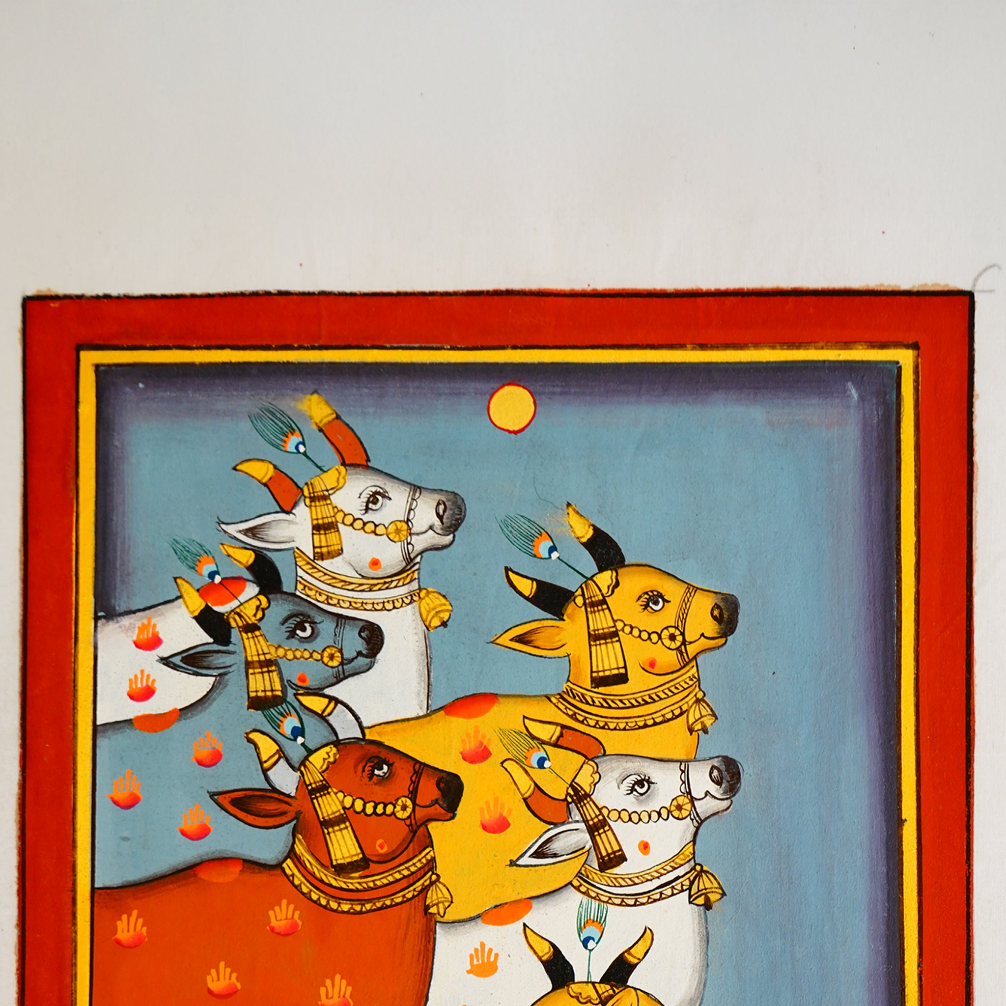 Hand Painted Pichwai Painting of Six Cows Symbol of Abundance & Peace in Serene Art