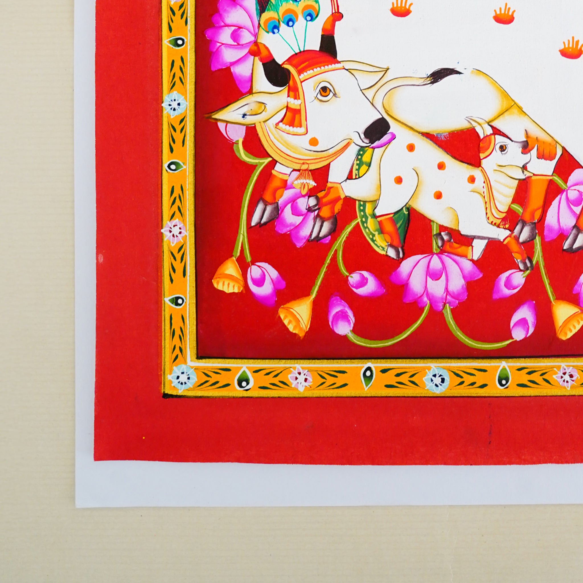 Hand Painted Pichwai Cow & Calf PaintingGraceful Bond with Lotus Jhal Motifs Red