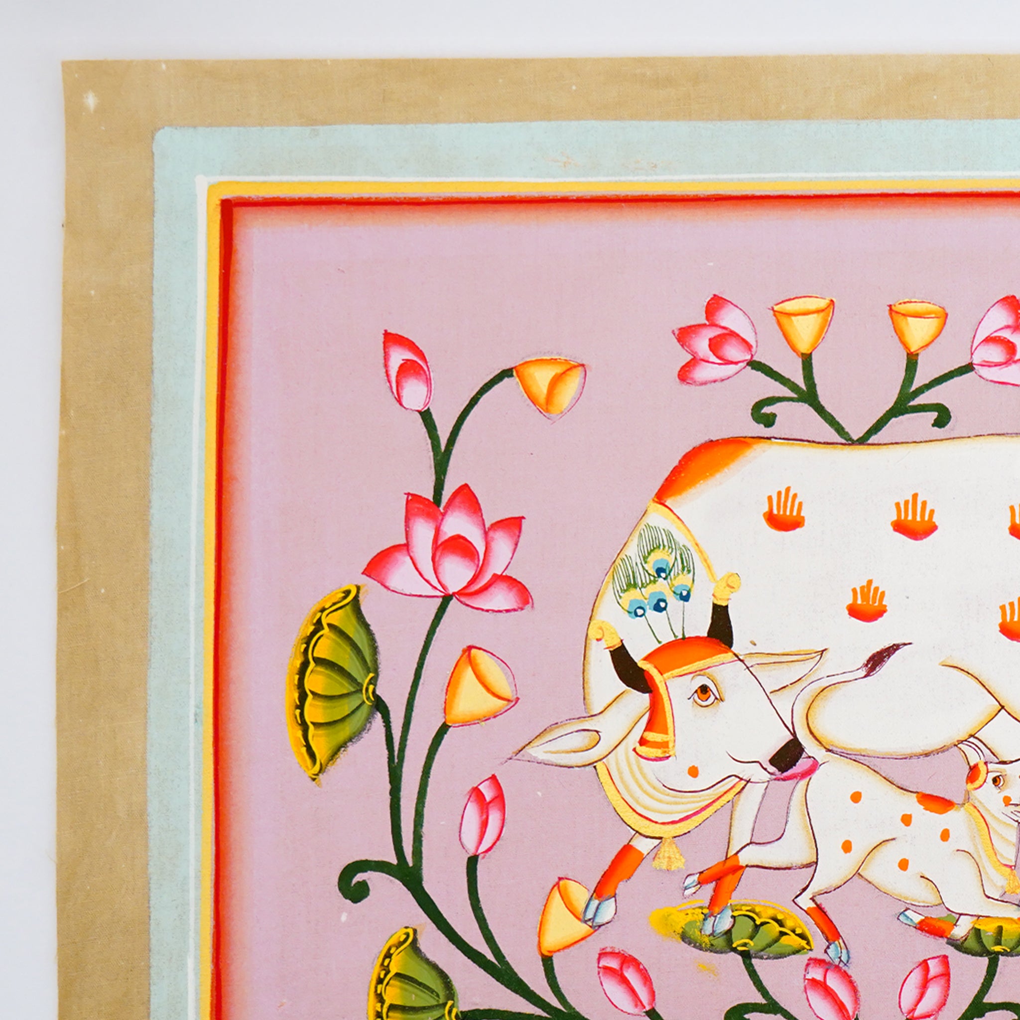 Pichwai Cow & Calf PaintingGraceful Bond with Lotus Jhal Motifs