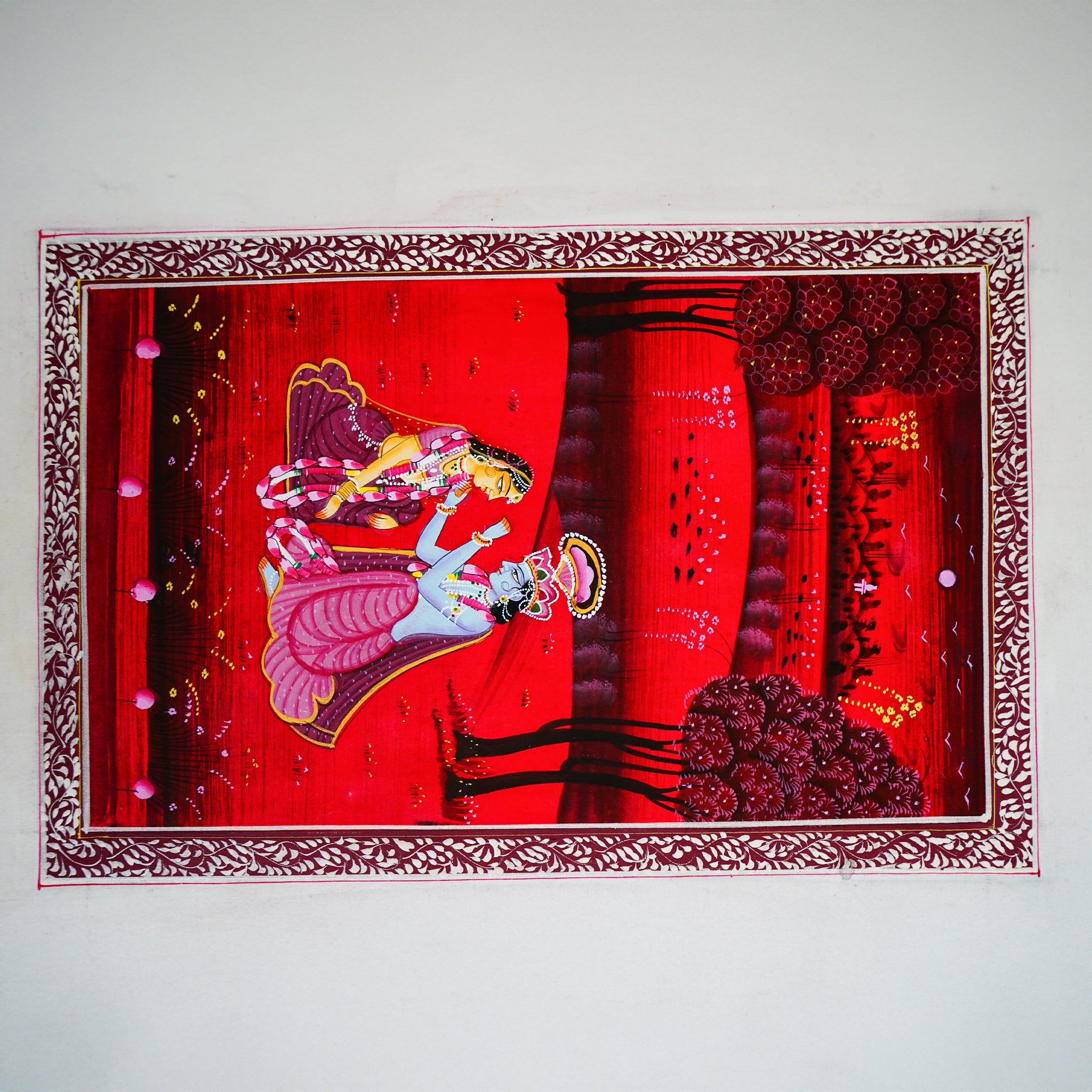 Hand Painted Lord Krishna and Radha in Serene Spiritual Harmony Ragini Painting Red