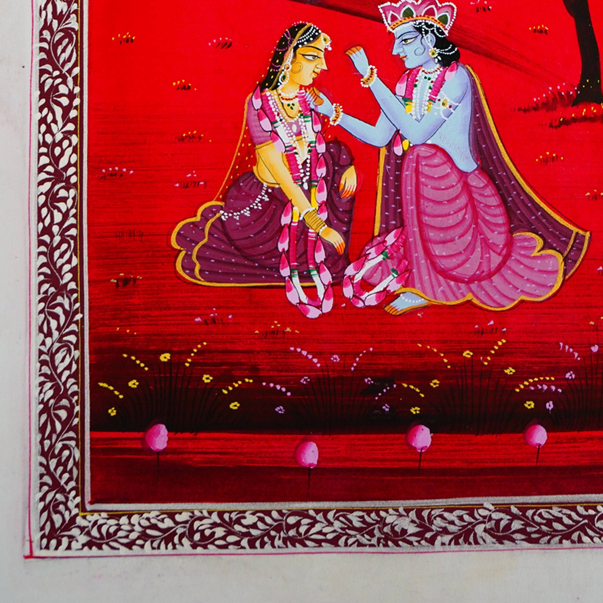 Hand Painted Lord Krishna and Radha in Serene Spiritual Harmony Ragini Painting Red