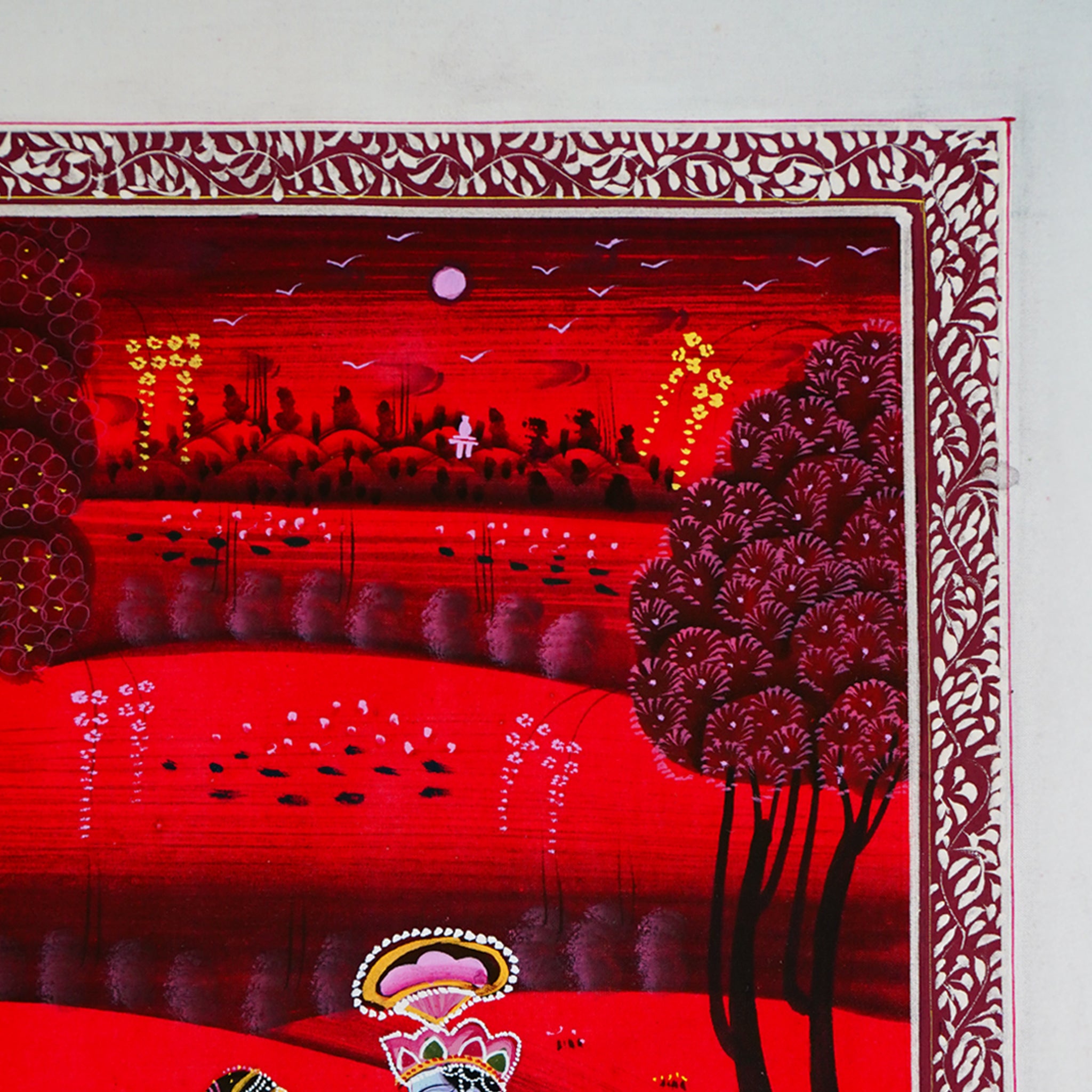 Hand Painted Lord Krishna and Radha in Serene Spiritual Harmony- Red Ragini Painting