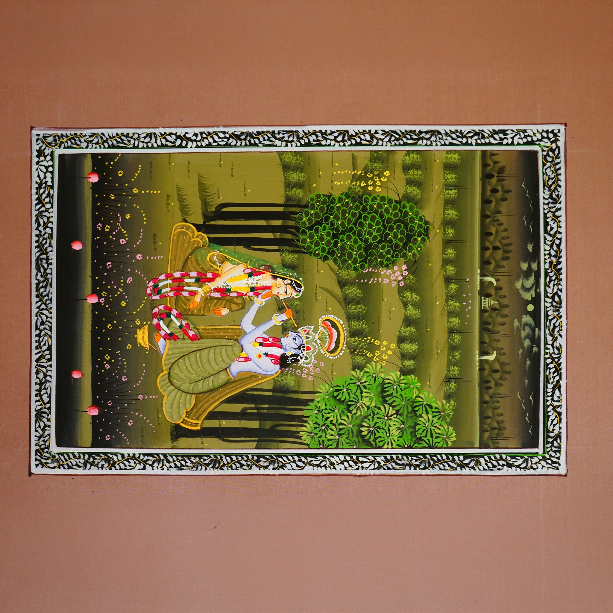 Hand Painted Lord Krishna and Radha in Serene Spiritual Harmony Ragini Painting Green