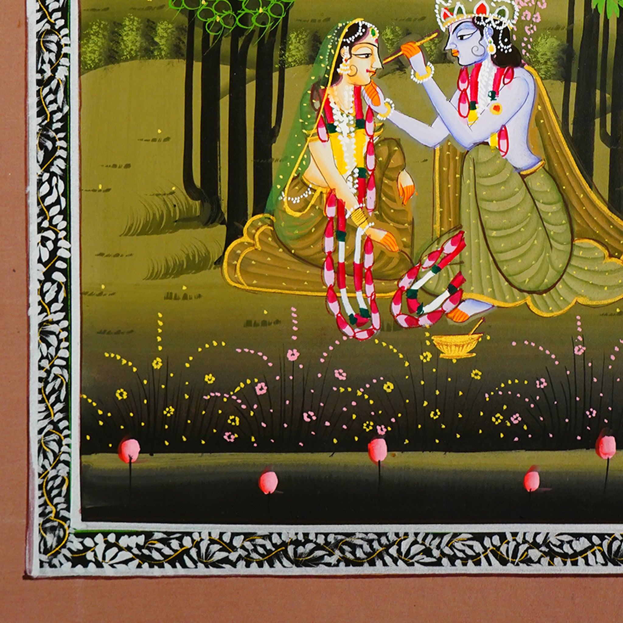 Hand Painted Lord Krishna and Radha in Serene Spiritual Harmony Ragini Painting Green