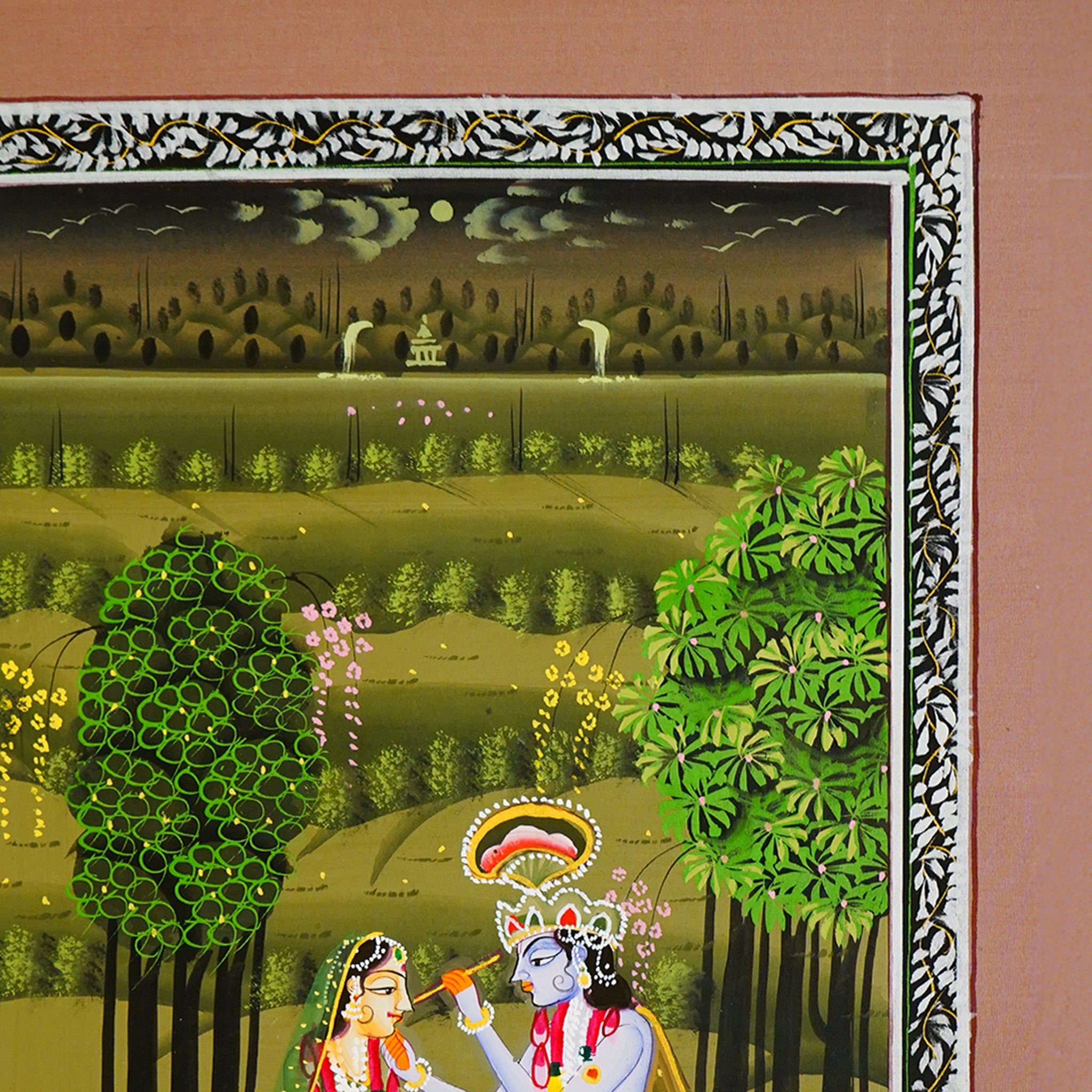 Hand Painted Lord Krishna and Radha in Serene Spiritual Harmony Ragini Painting Green