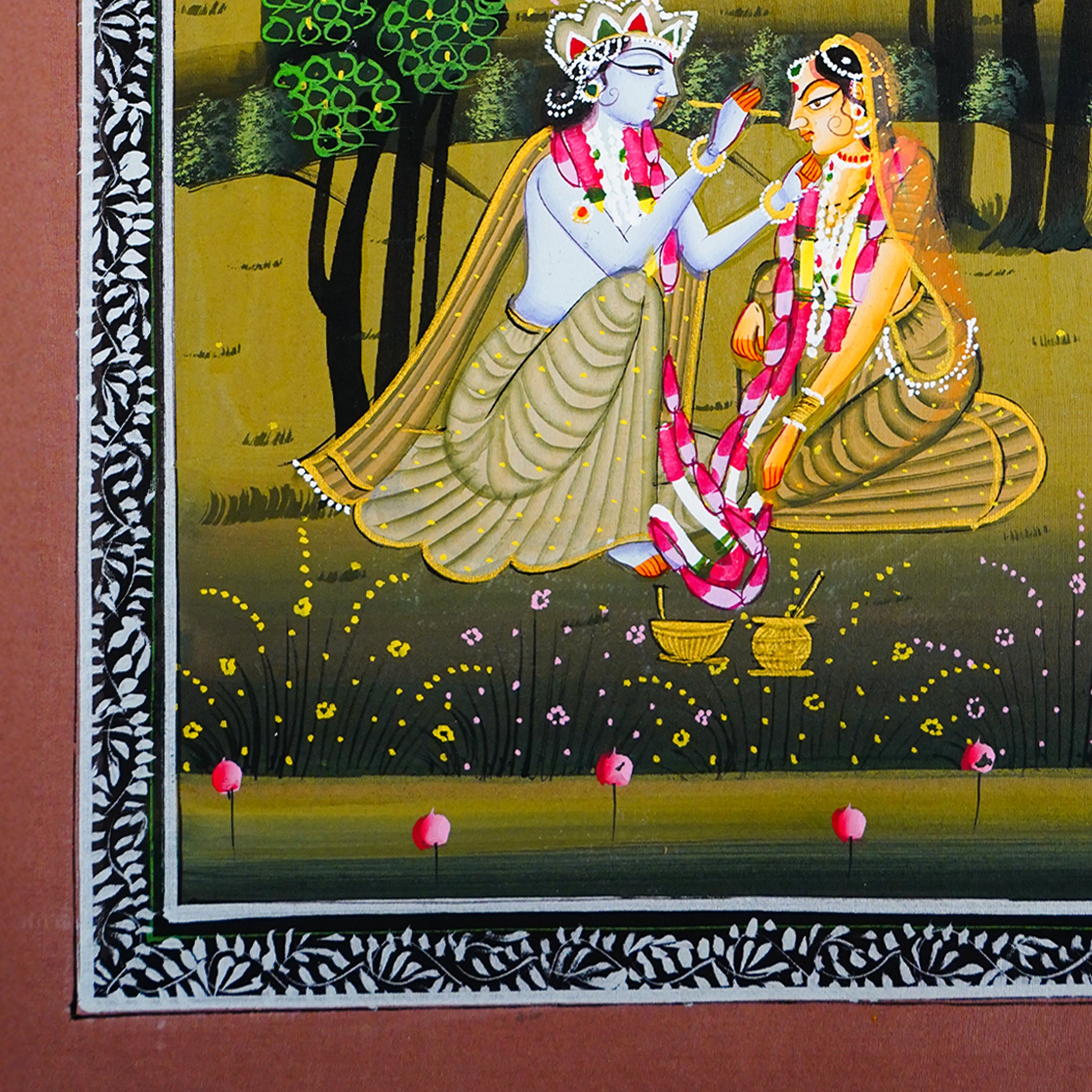 Hand Painted Lord Krishna and Radha in Serene Spiritual Timeless Love Harmony Ragini Painting