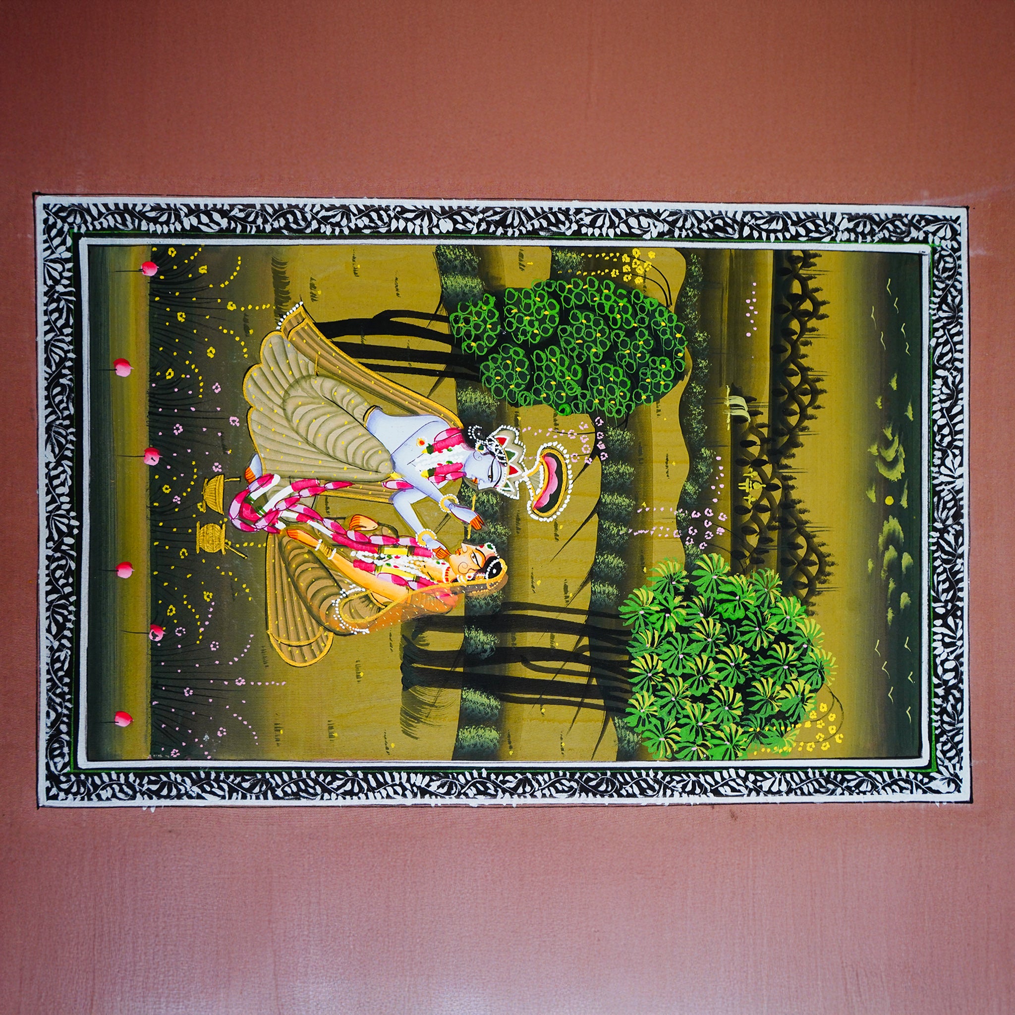 Hand Painted Lord Krishna and Radha in Serene Spiritual Timeless Love Harmony Ragini Painting