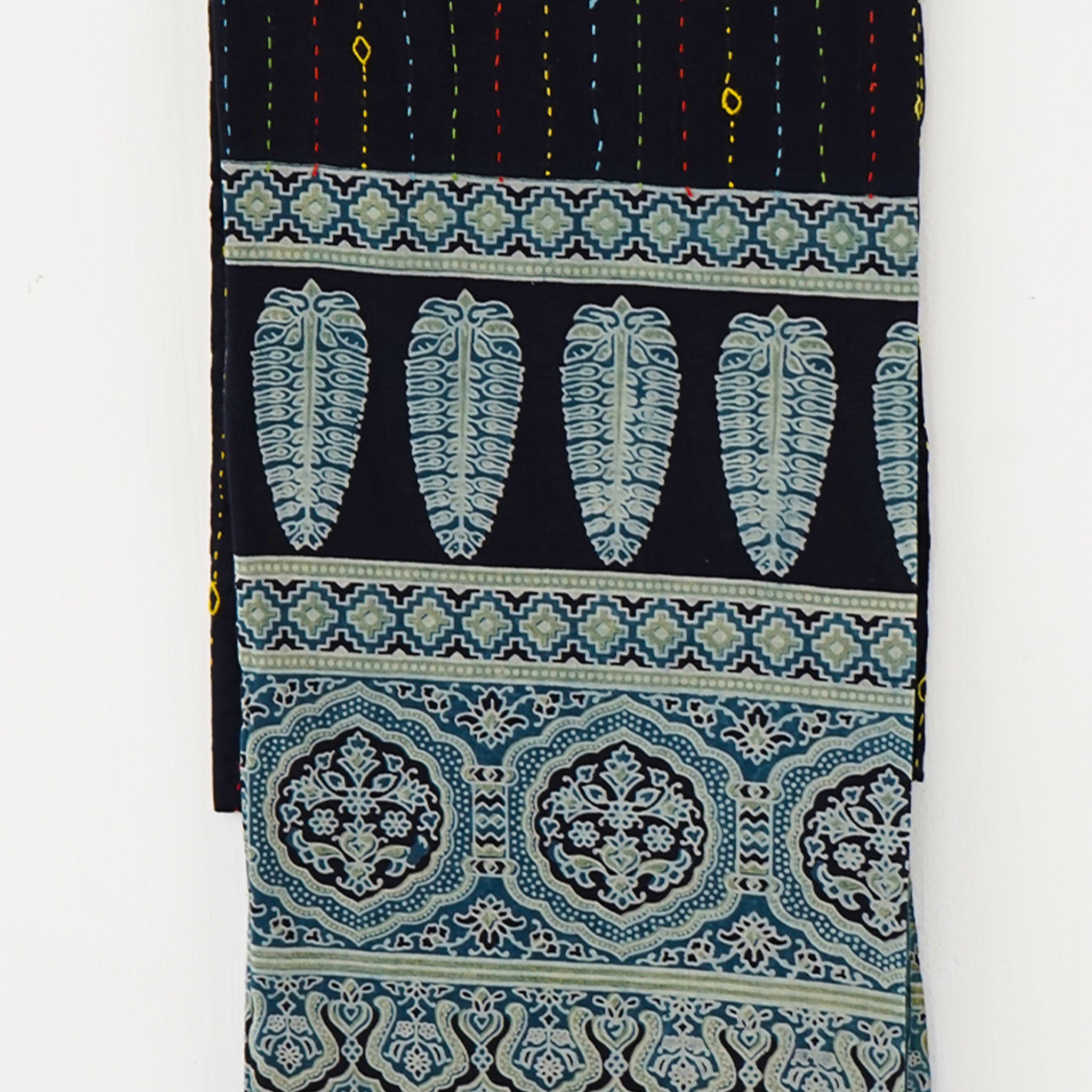 Handcrafted Ajrakh Dupatta Traditional Block Print & Kantha Embroidery Black & Blue