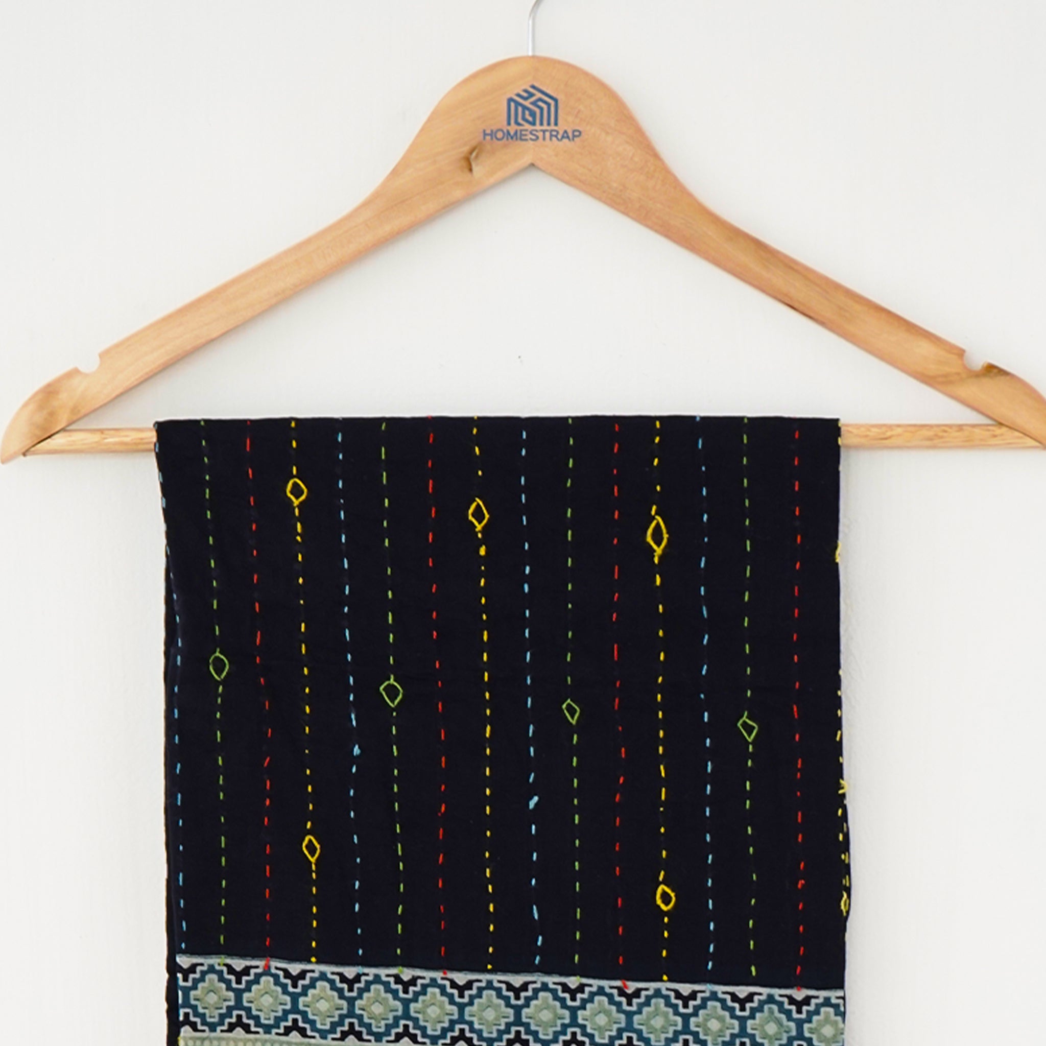 Handcrafted Ajrakh Dupatta Traditional Block Print & Kantha Embroidery Black & Blue