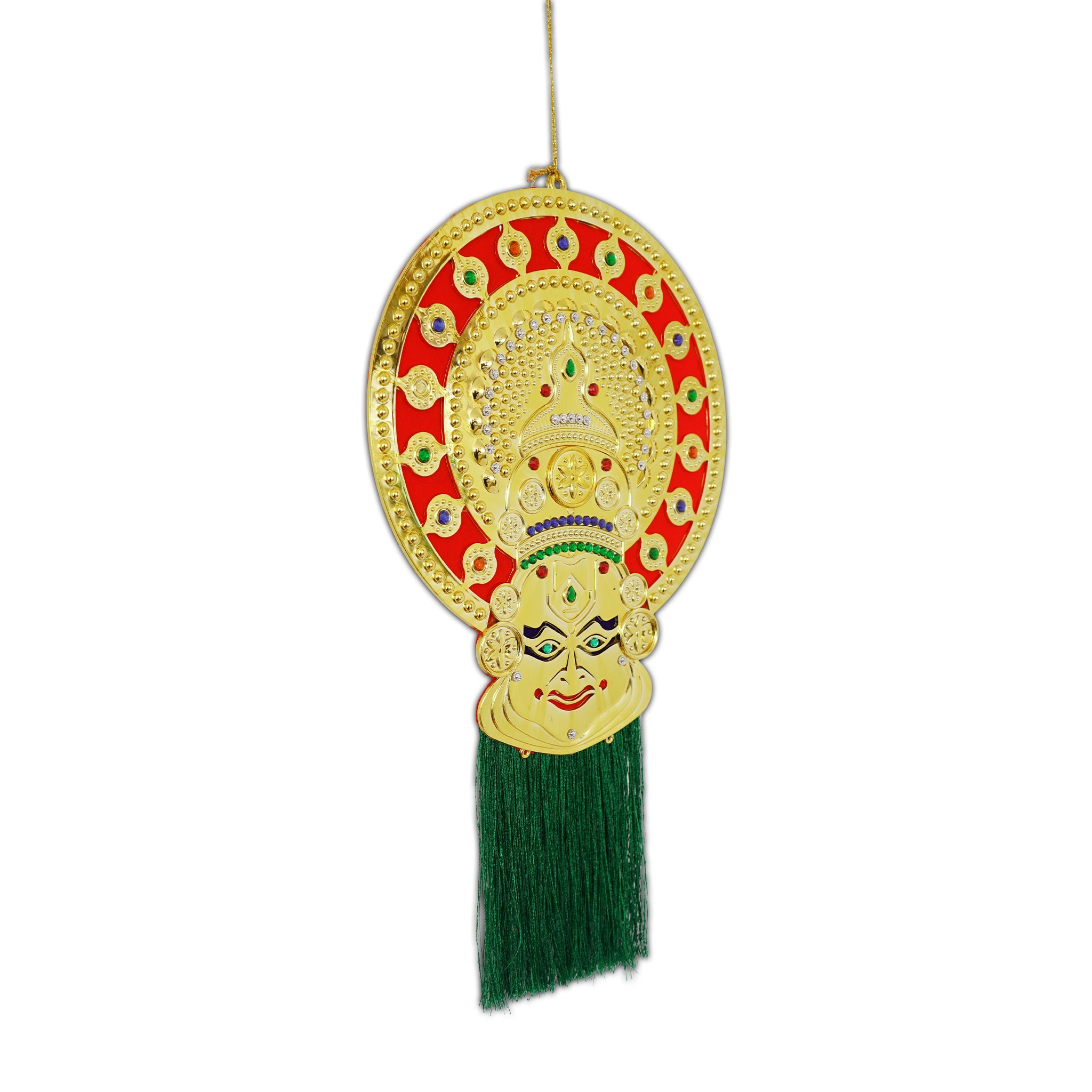 Kathakali Face Hanging with Green Tassels & Golden Embellishments Traditional Decorative Piece