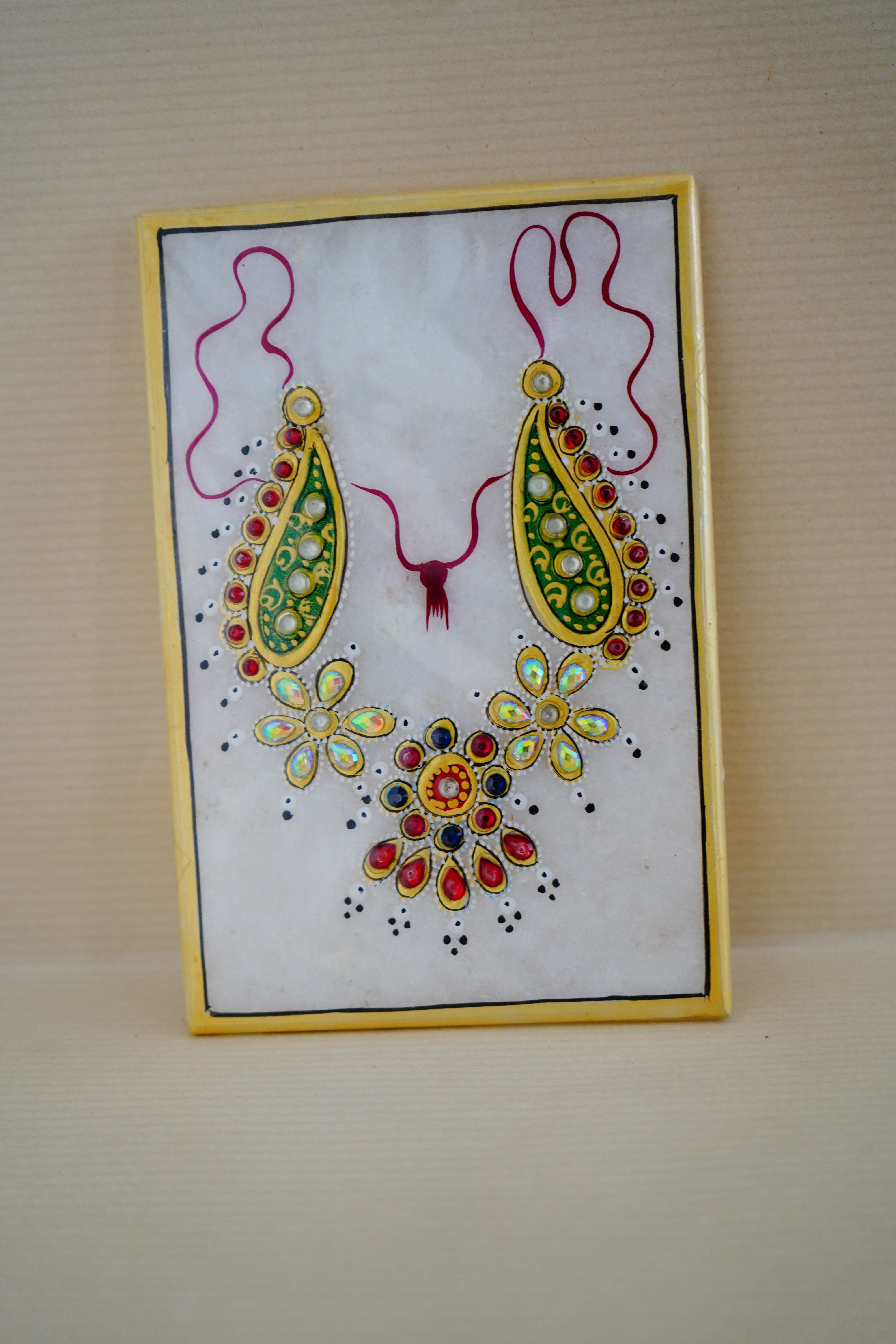 Marble Painted Paisley Shaped Flower Necklace with Antique Touch Golden Frame