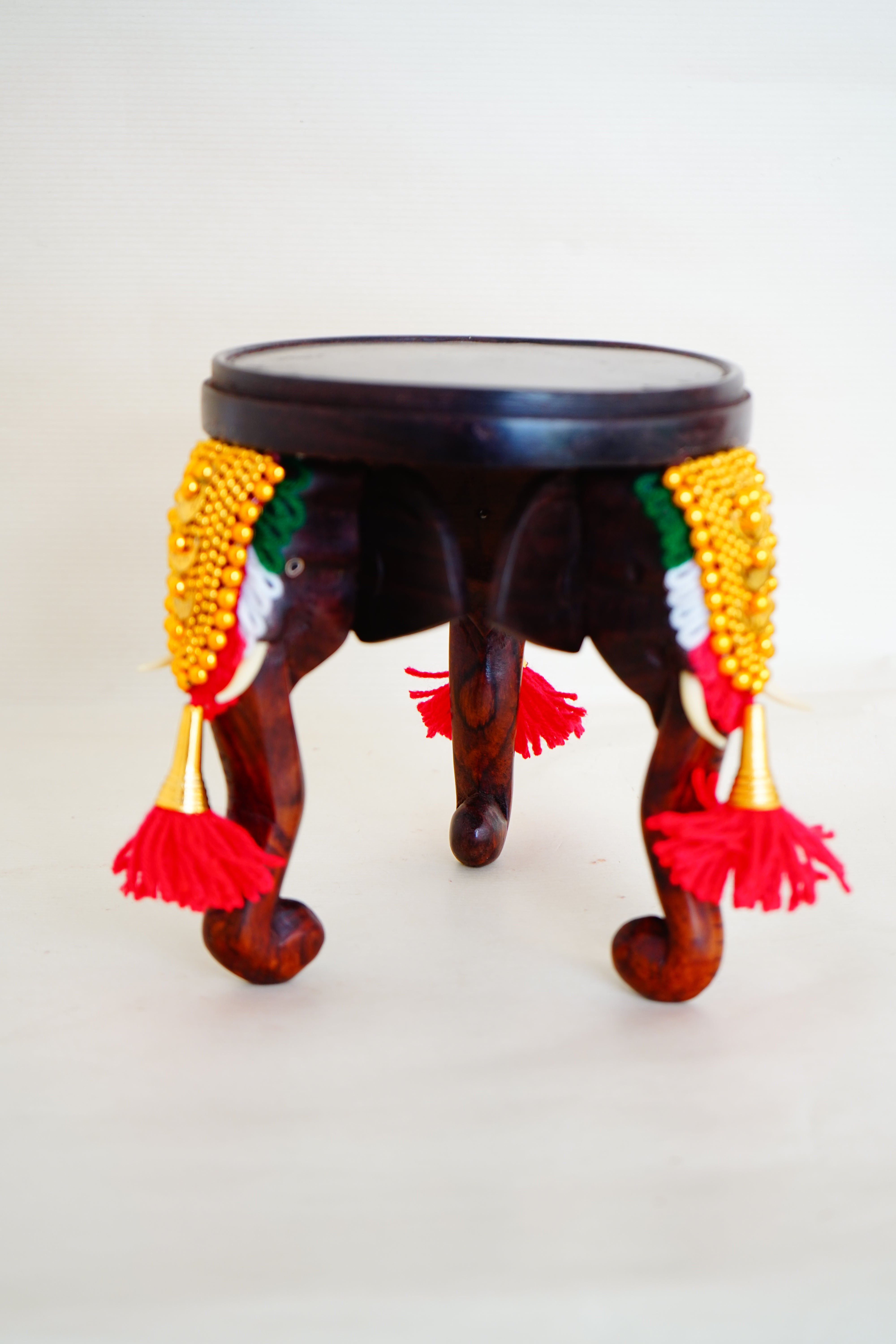 Rosewood Traditional Three-Headed Wooden Pooram Elephant Stool with Nettipattam