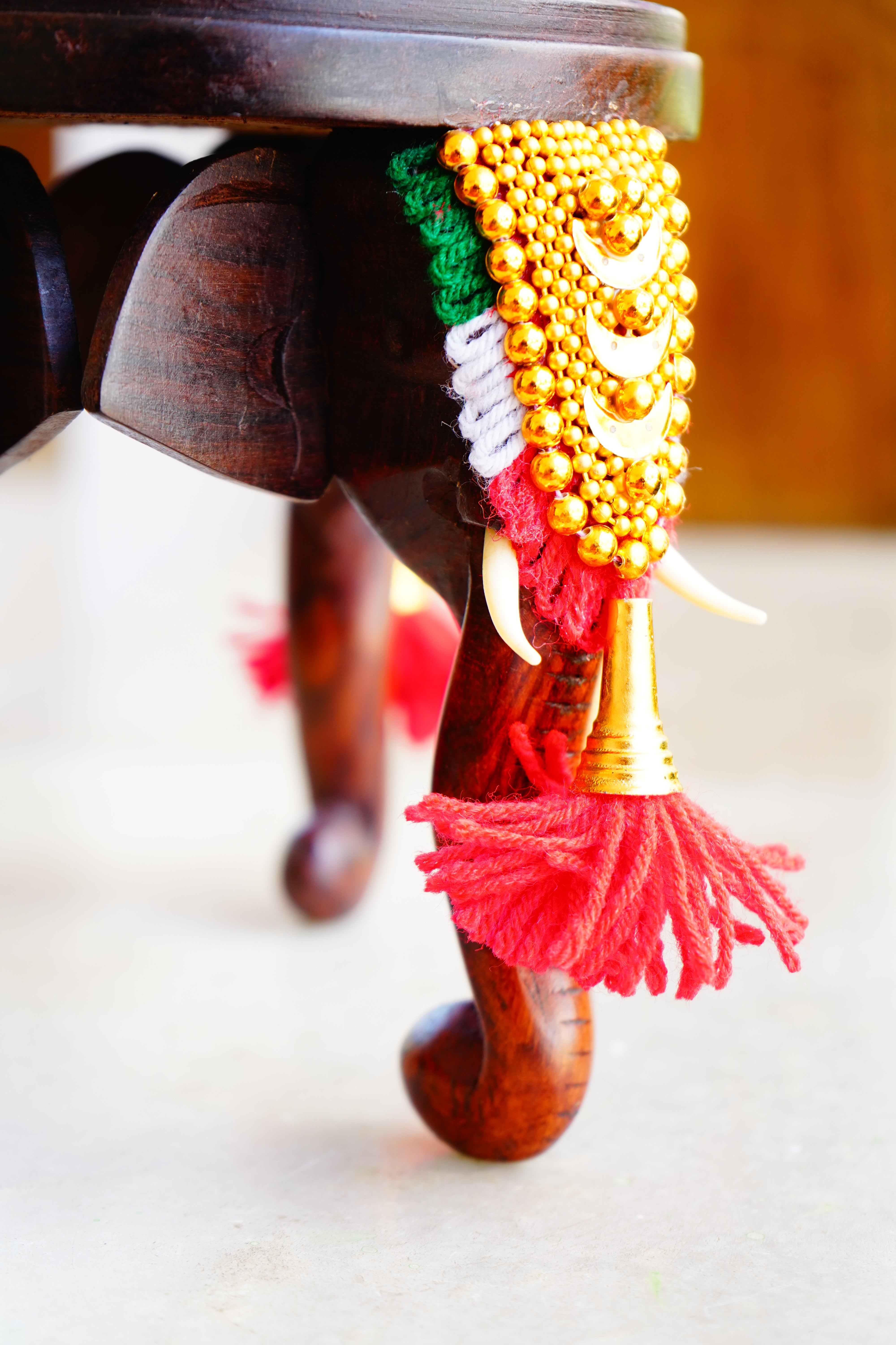 Rosewood Traditional Three-Headed Wooden Pooram Elephant Stool with Nettipattam