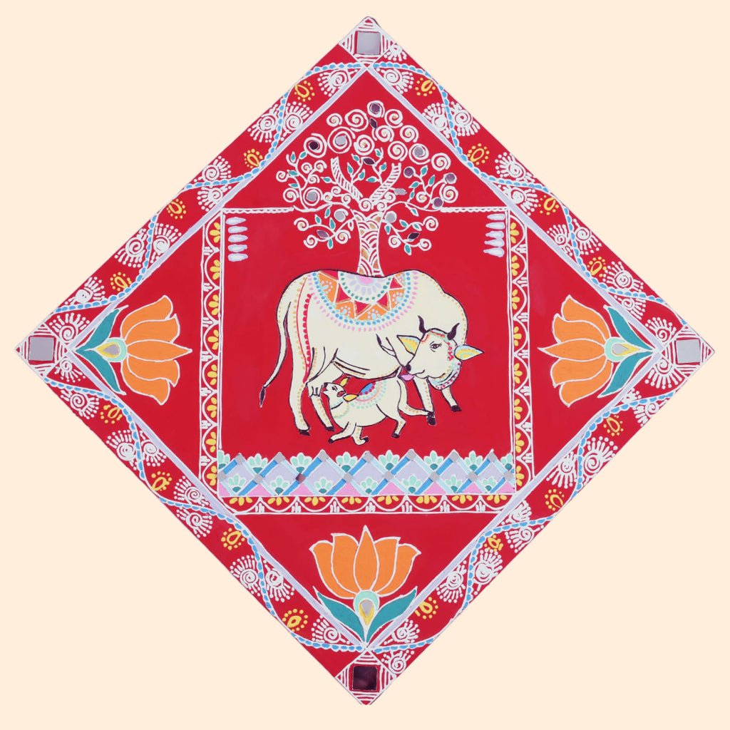 Prakriti – Handcrafted Mandana Art Featuring Cow & Calf for Auspicious Home Decor - Culturati