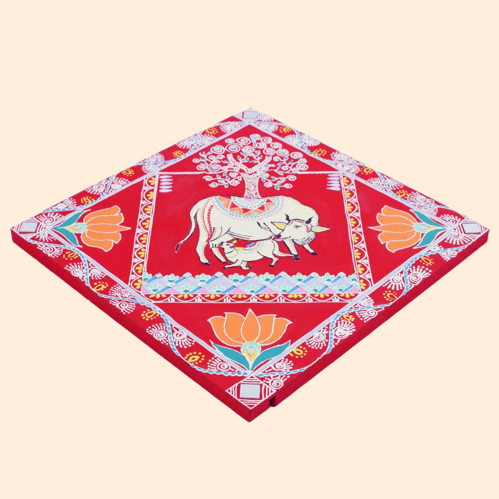 Prakriti – Handcrafted Mandana Art Featuring Cow & Calf for Auspicious Home Decor - Culturati