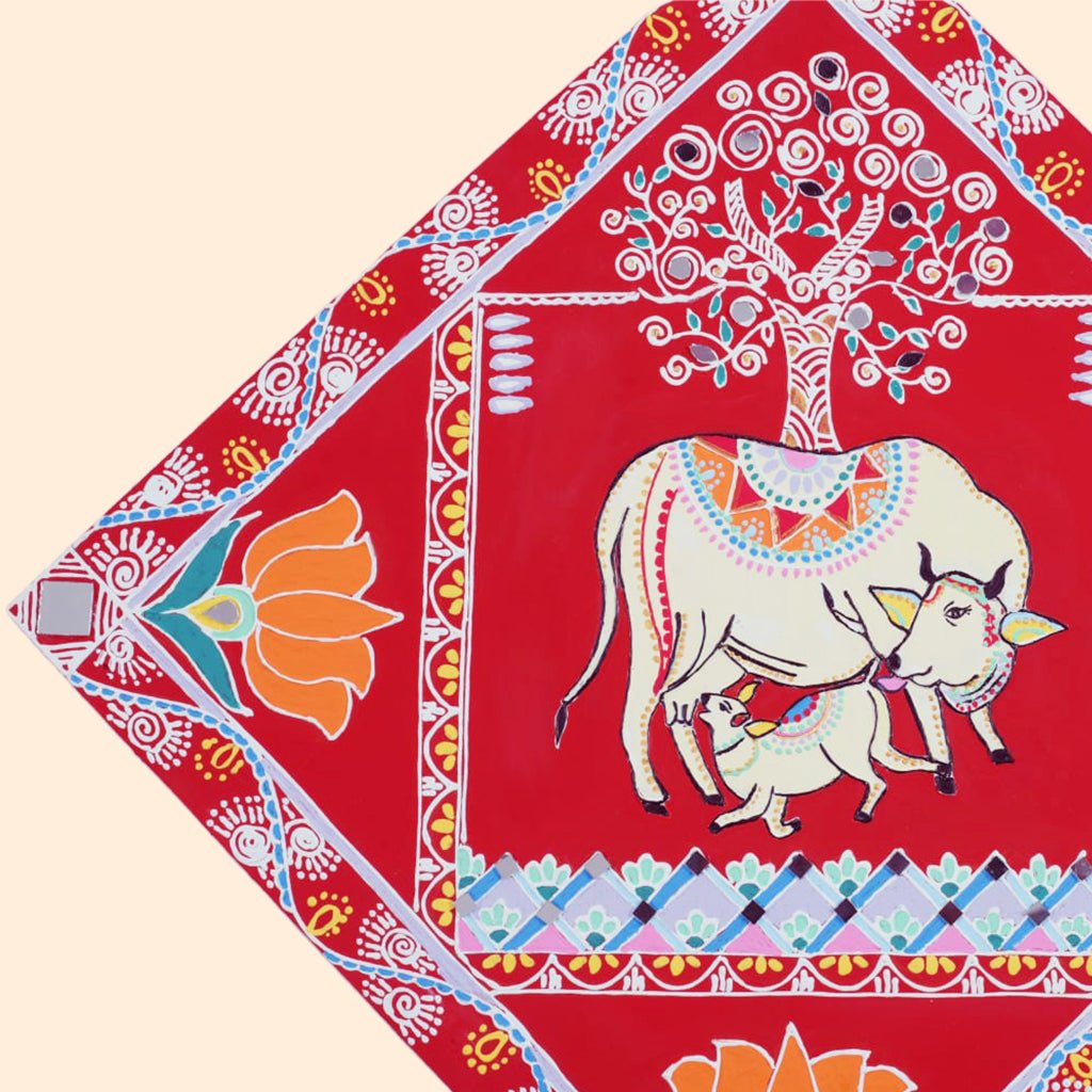 Prakriti – Handcrafted Mandana Art Featuring Cow & Calf for Auspicious Home Decor - Culturati