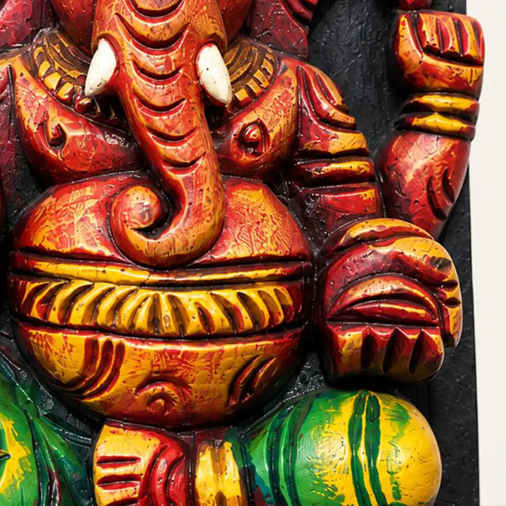 Hand-Carved Ganesha Wooden Sculpture – Traditional Painted Temple Art