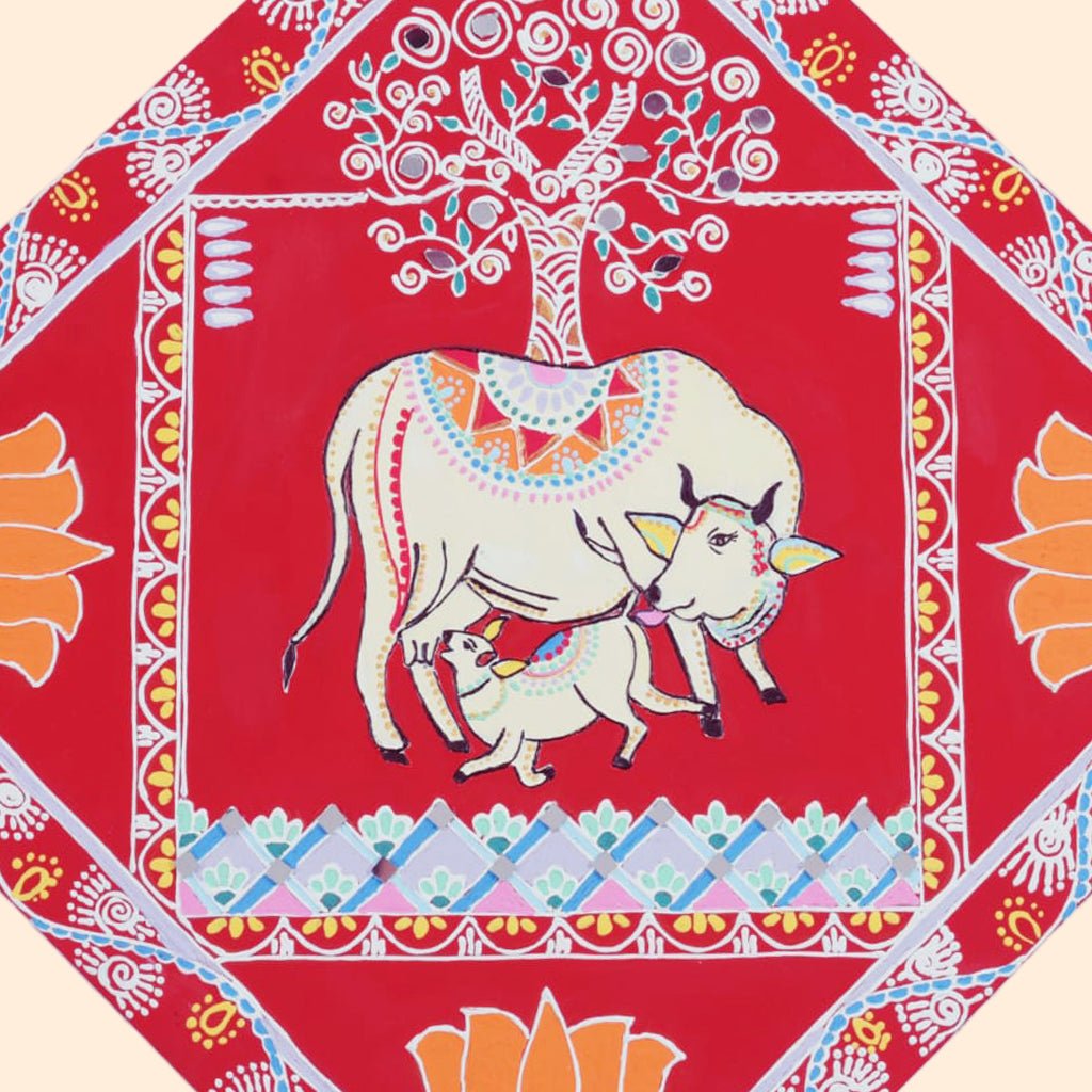 Prakriti – Handcrafted Mandana Art Featuring Cow & Calf for Auspicious Home Decor - Culturati
