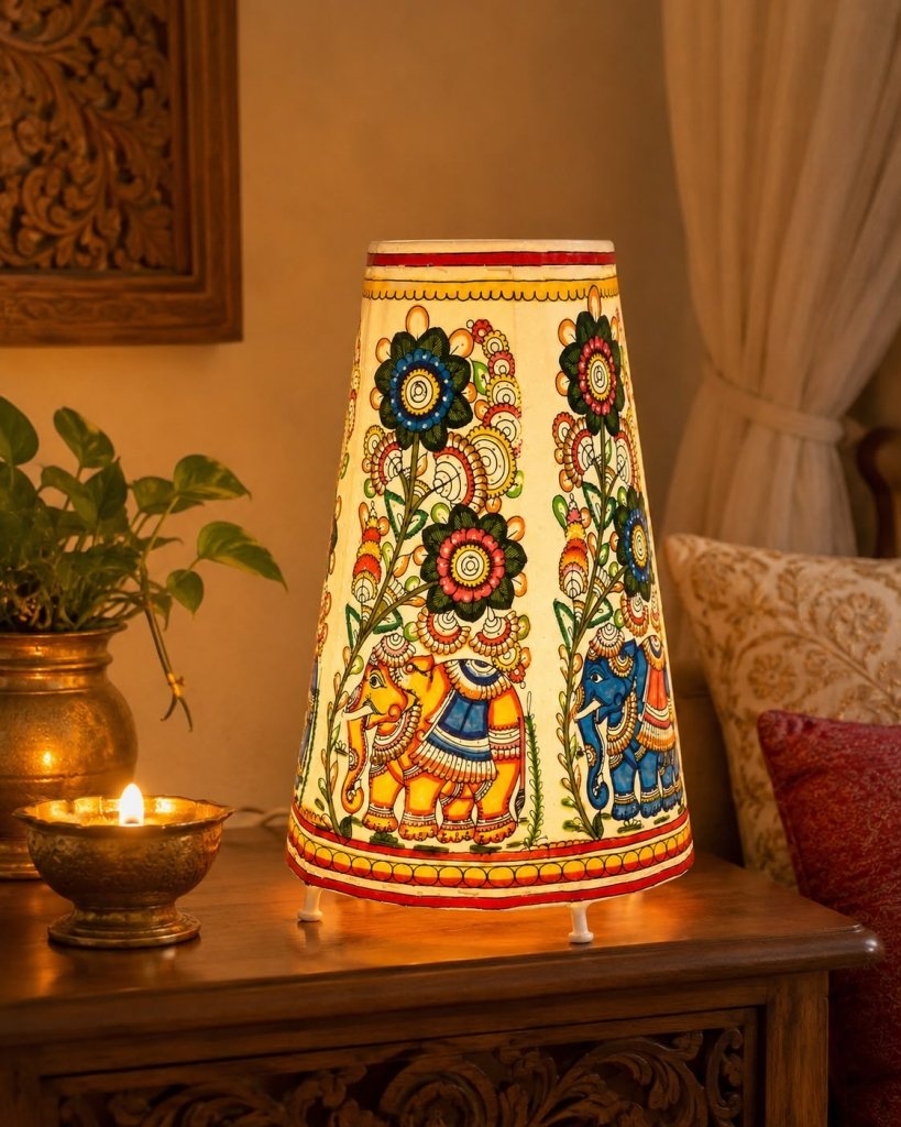 Multi-Color Elephant Lamp: Hand-Painted Andhra Tholu Bommalata Leather Art - Culturati