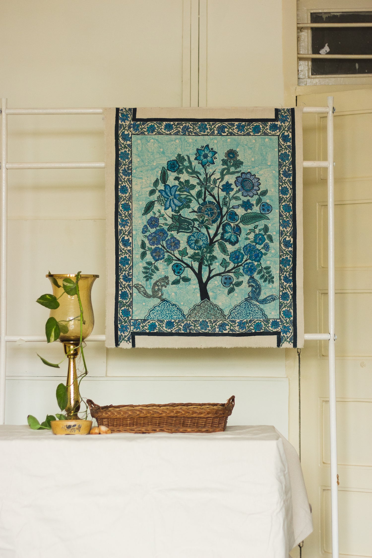 Tree of Life Blue Handblock Cotton Canvas Wall Hanging – Floral & Squirrel Design(Length-33Inch;Breath-27.5Inch)