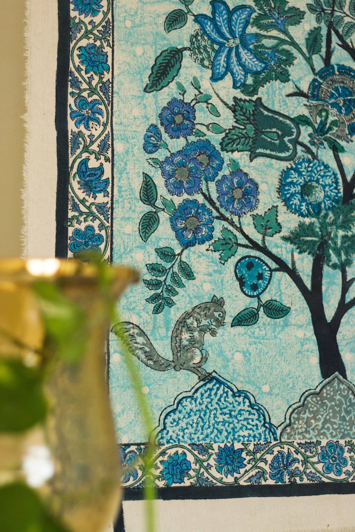 Tree of Life Blue Handblock Cotton Canvas Wall Hanging – Floral & Squirrel Design(Length-33Inch;Breath-27.5Inch)