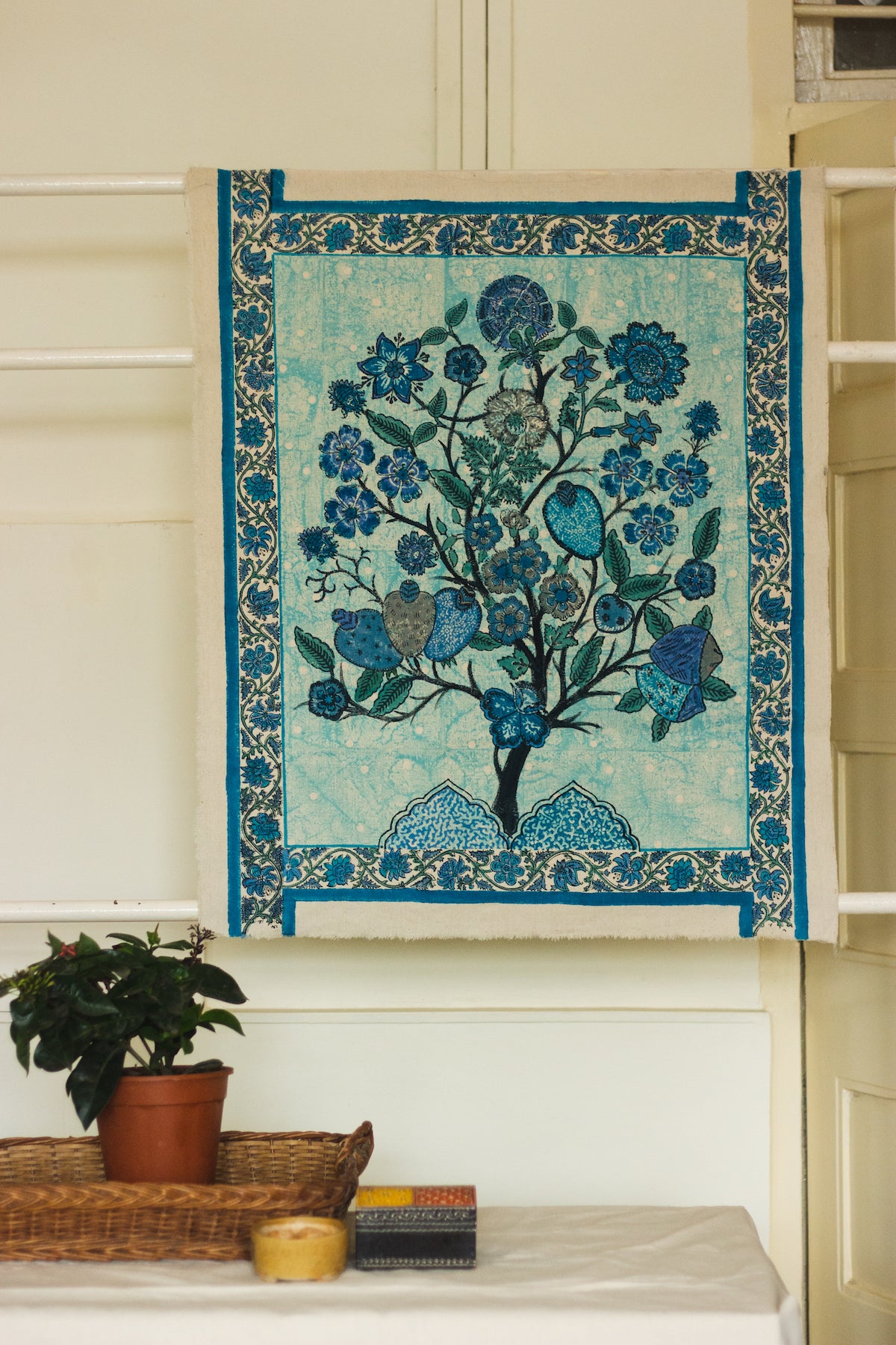 Tree of Life Blue Handblock Cotton Canvas Wall Hanging- Floral Design(Length-33Inch;Breath-27.5Inch)