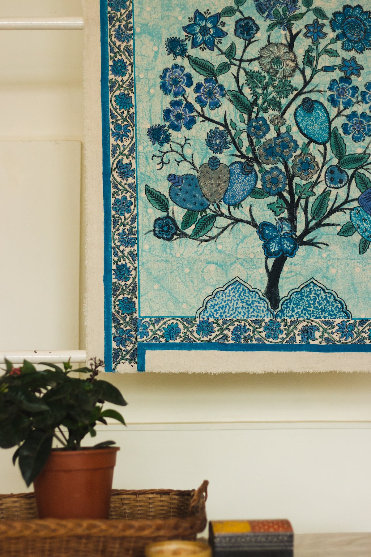 Tree of Life Blue Handblock Cotton Canvas Wall Hanging- Floral Design(Length-33Inch;Breath-27.5Inch)