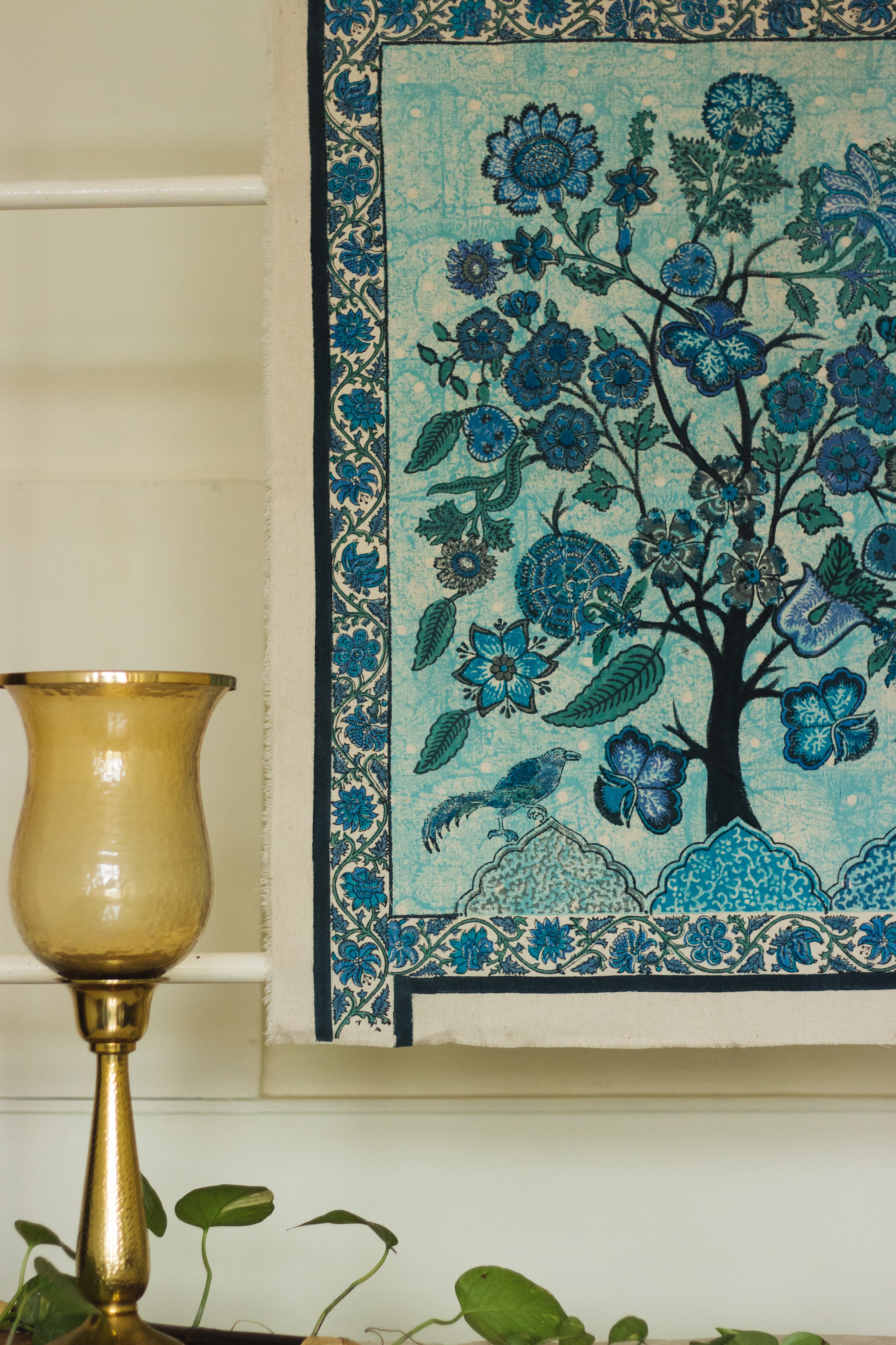 Tree of Life Blue Handblock Cotton Canvas Wall Hanging-Birds and  Floral Design(Length-34Inch;Breath-27.5Inch)