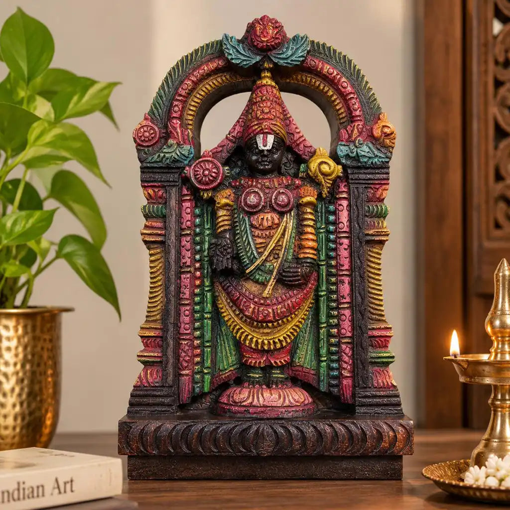 Hand-painted detailing on Lord Venkateswara wooden temple carving