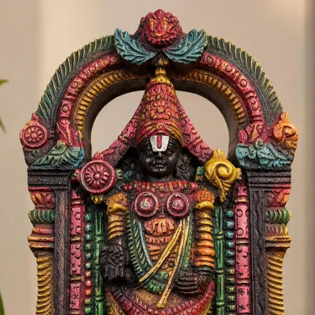 Close-up of Tirupati Balaji Lord Venkateswara hand-carved wooden sculpture