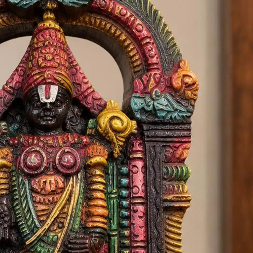 Hand-Carved Tirupati Balaji (Lord Venkateswara) Wooden Wall Panel