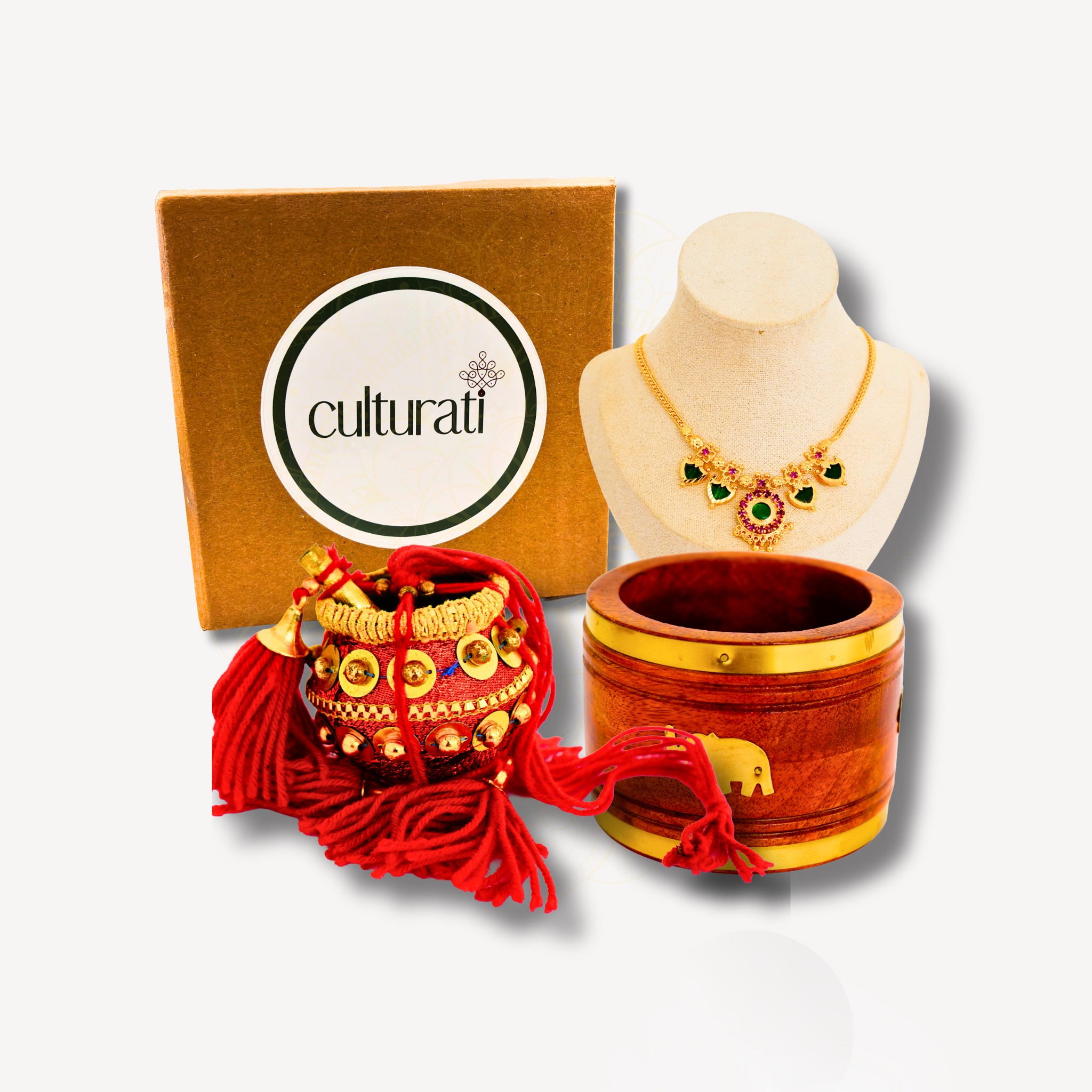 Varnam Onam Mini Gift Set - Palakka Necklace, Naazhi and Vennaikudam