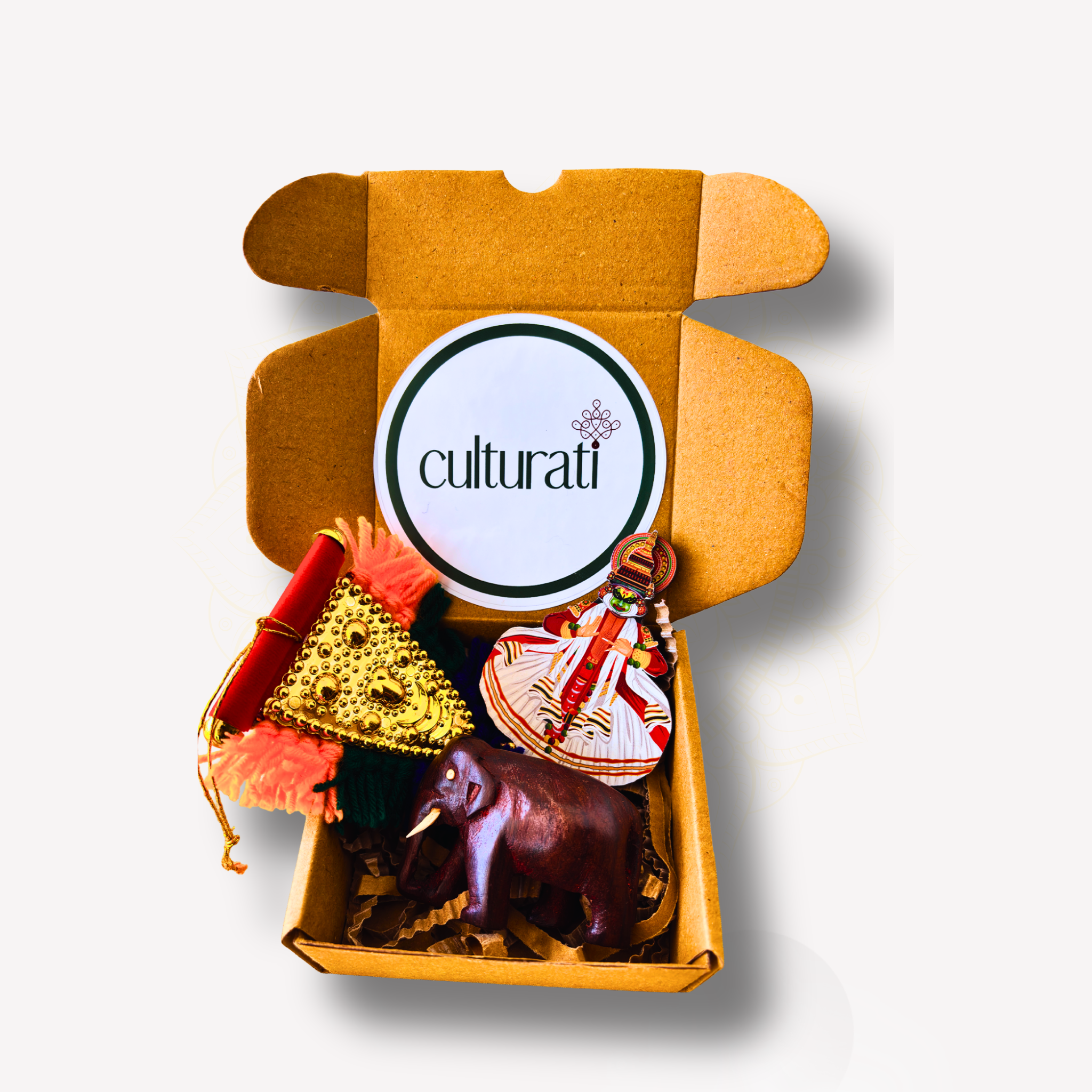 Traditional Onam Decor Mini Gift Set - Elephant, Full Posture Kathakali Magnet & Nettipattam Car Hanging