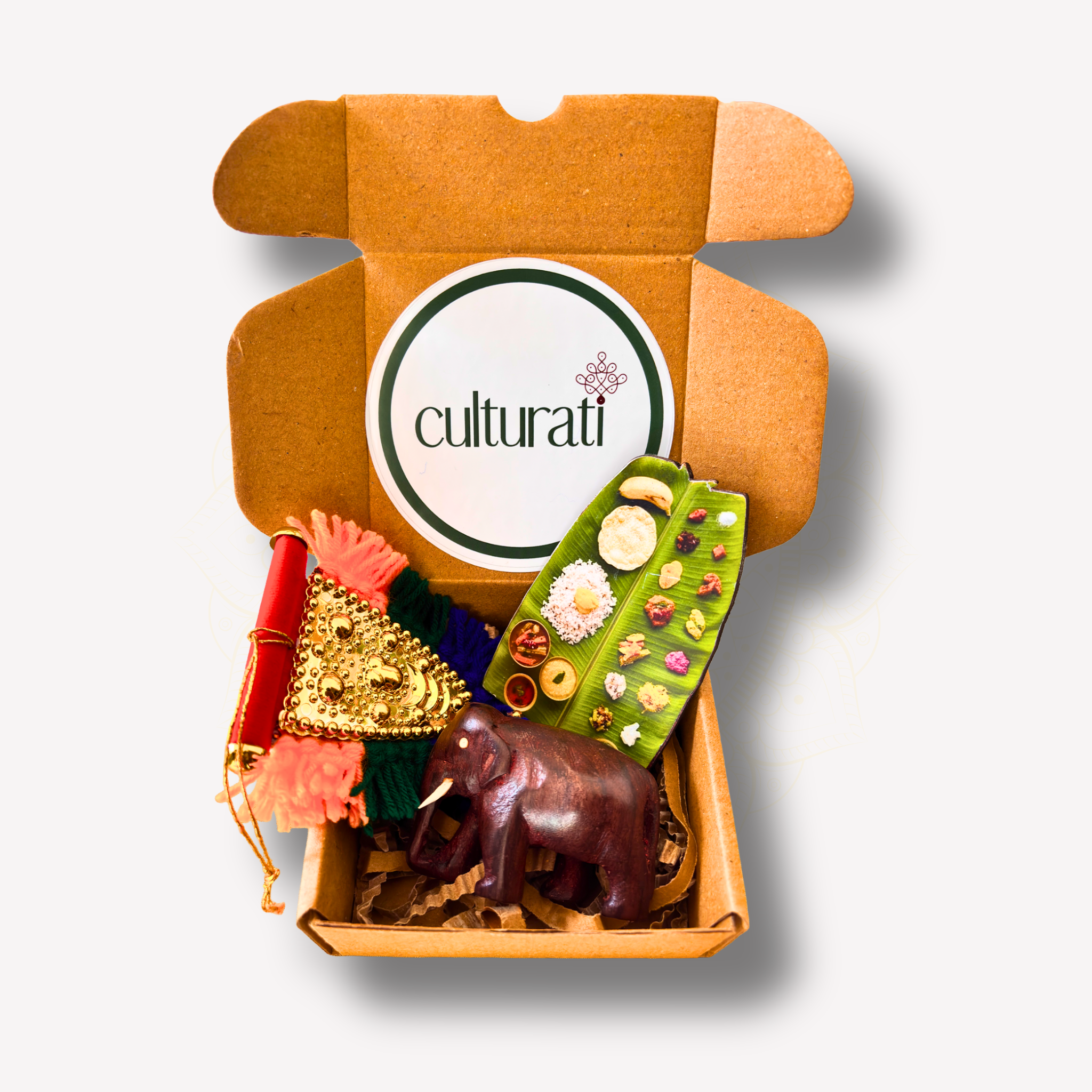 Traditional Onam Decor Mini Gift Set - Elephant, Sadhya Fest Magnet & Nettipattam Car Hanging