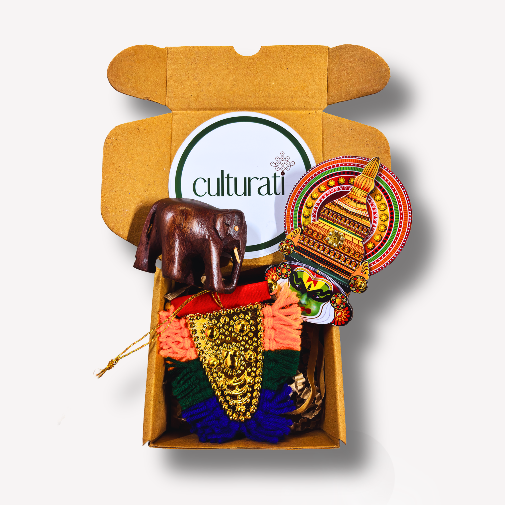 Traditional Onam Decor Mini Gift Set - Elephant, Kathakali Magnet & Nettipattam Car Hanging