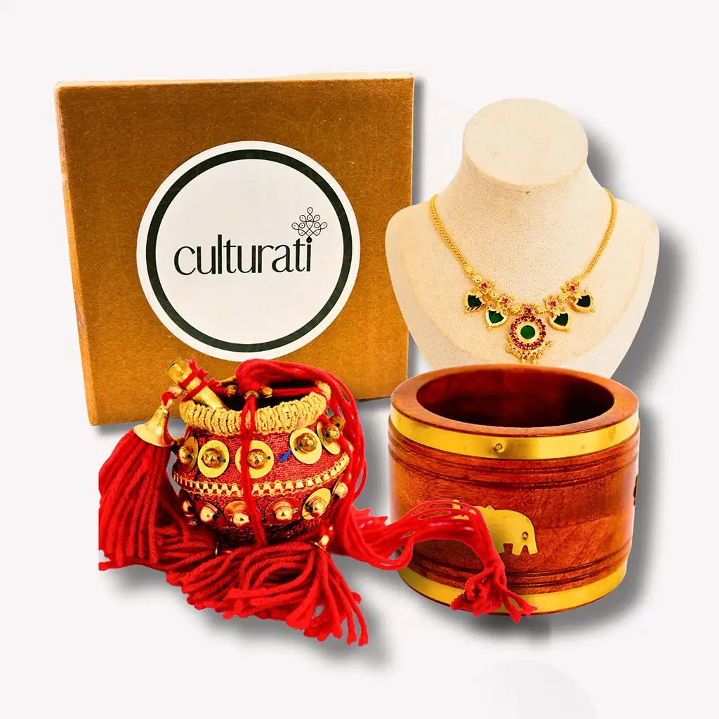 Varnam Mini Gift Set - Palakka Necklace, Naazhi and Vennaikudam - Culturati