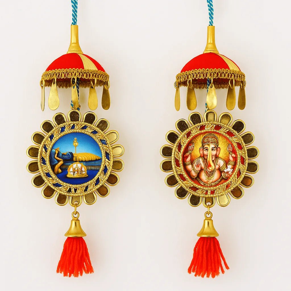 Ganesha and Padmanabhaswamy Dual Sided Car Hanging Temple Umbrella (Pack of 2) - Culturati