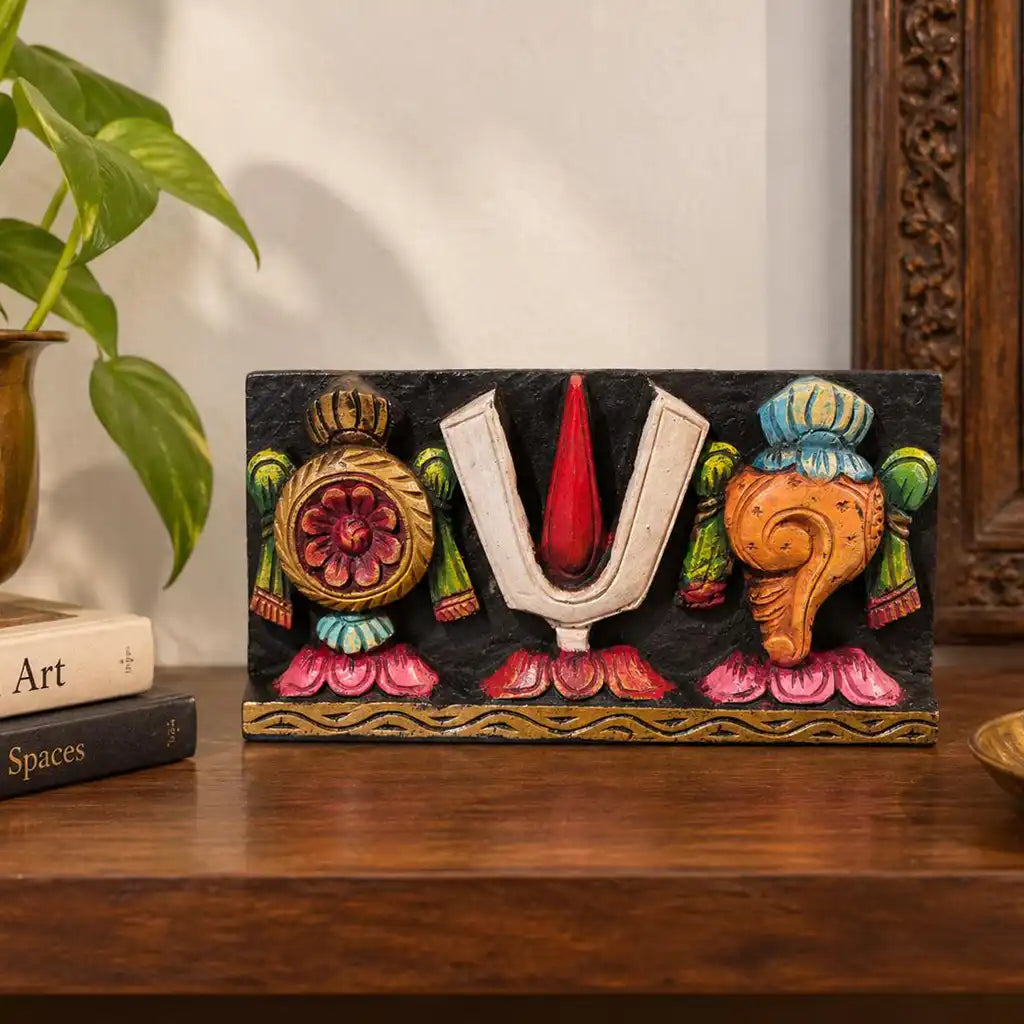 Shankha Chakra Namam Hand-Carved Wooden Wall Panel