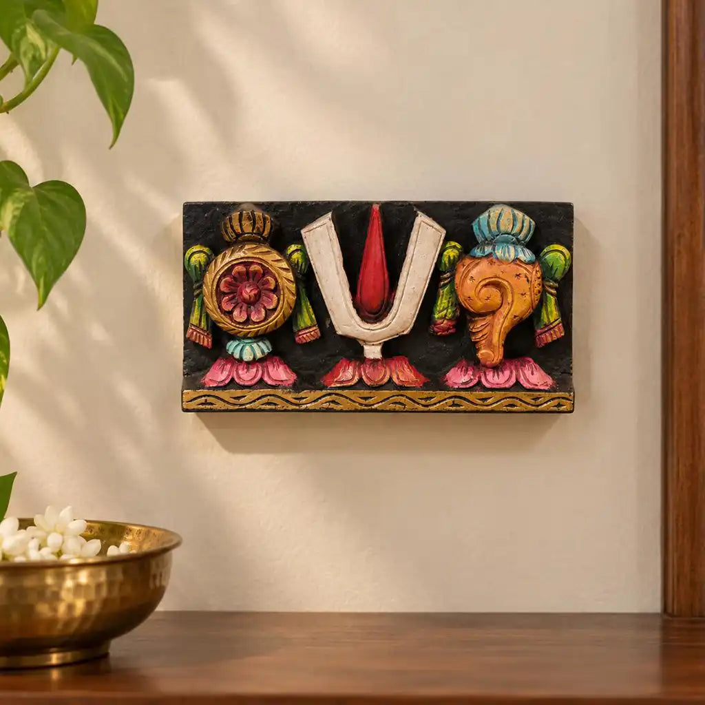 Shankha Chakra Namam Hand-Carved Wooden Wall Panel