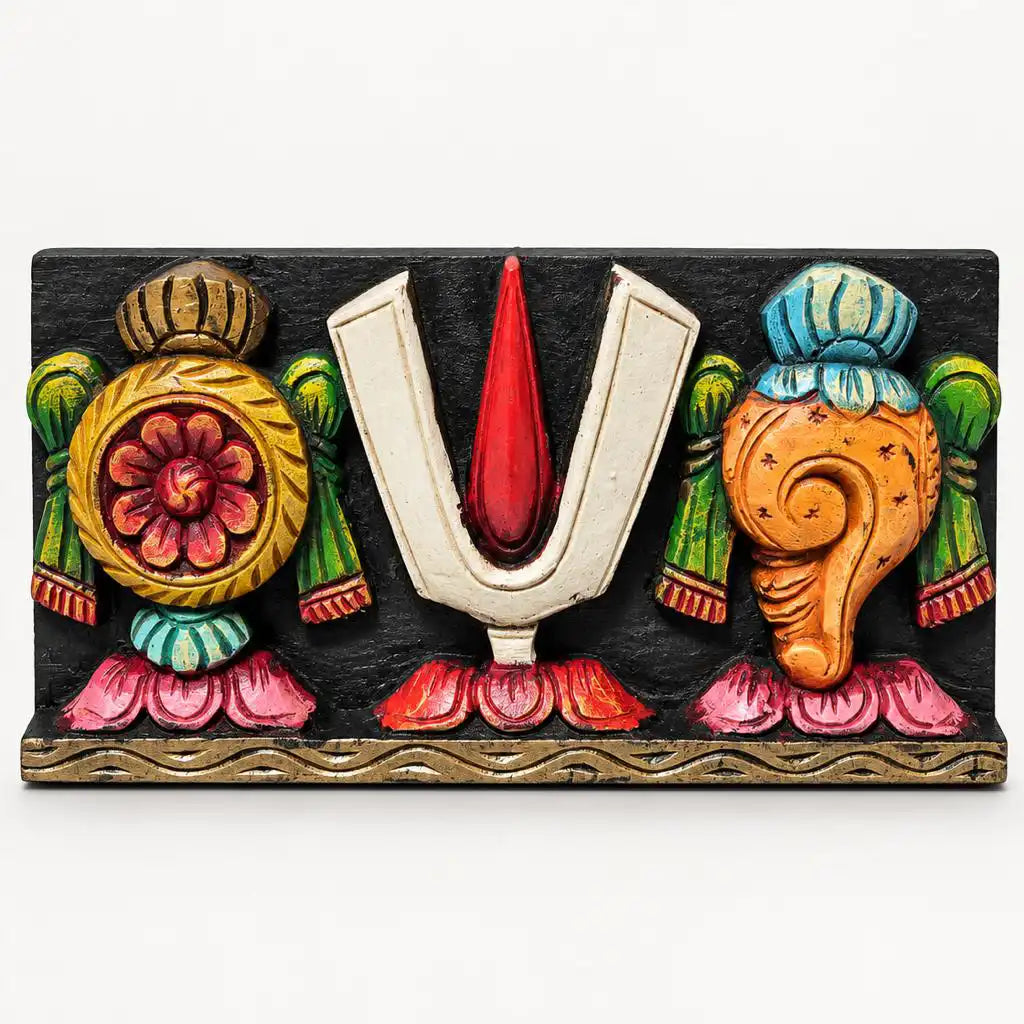 Shankha Chakra Namam Hand-Carved Wooden Wall Panel