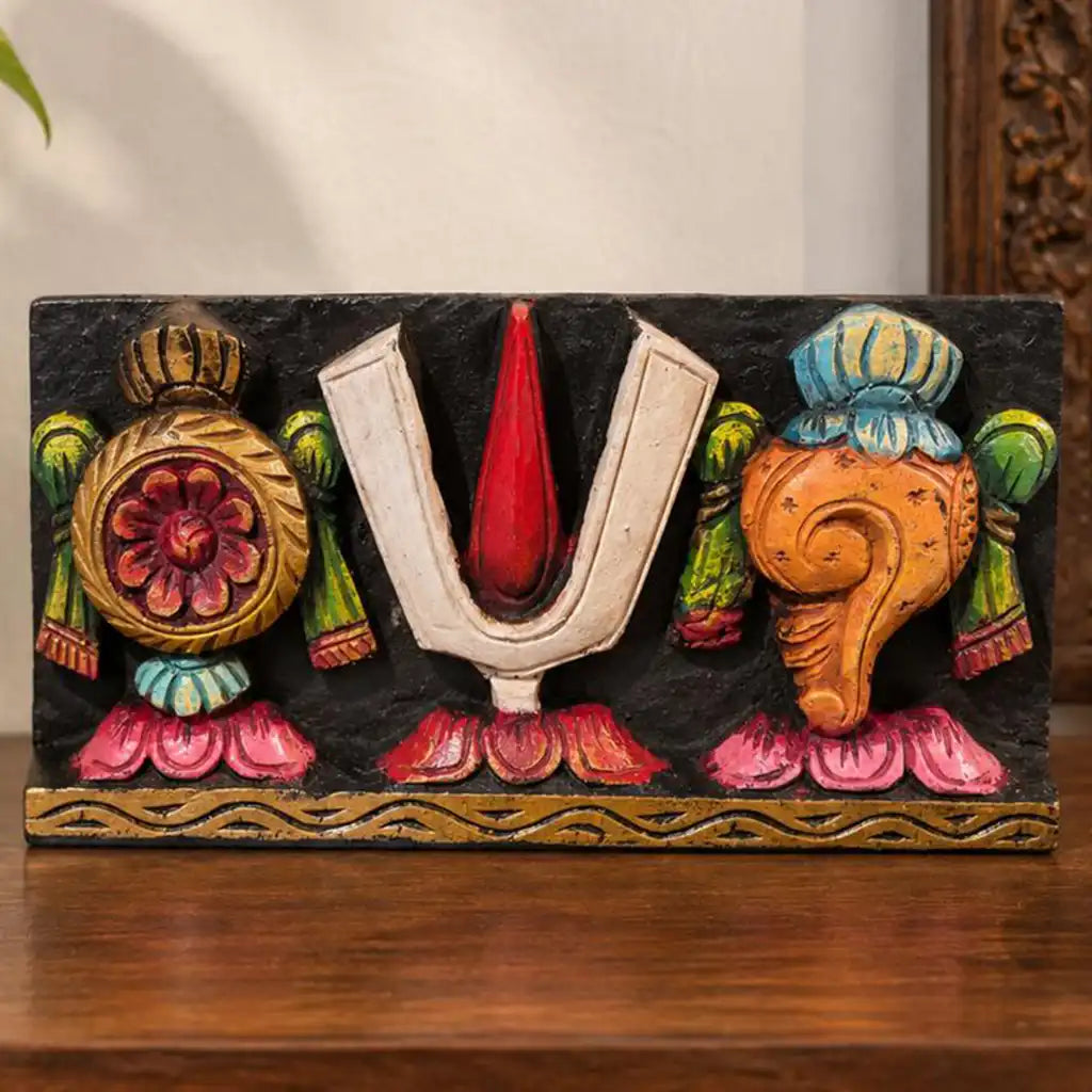 Shankha Chakra Namam Hand-Carved Wooden Wall Panel