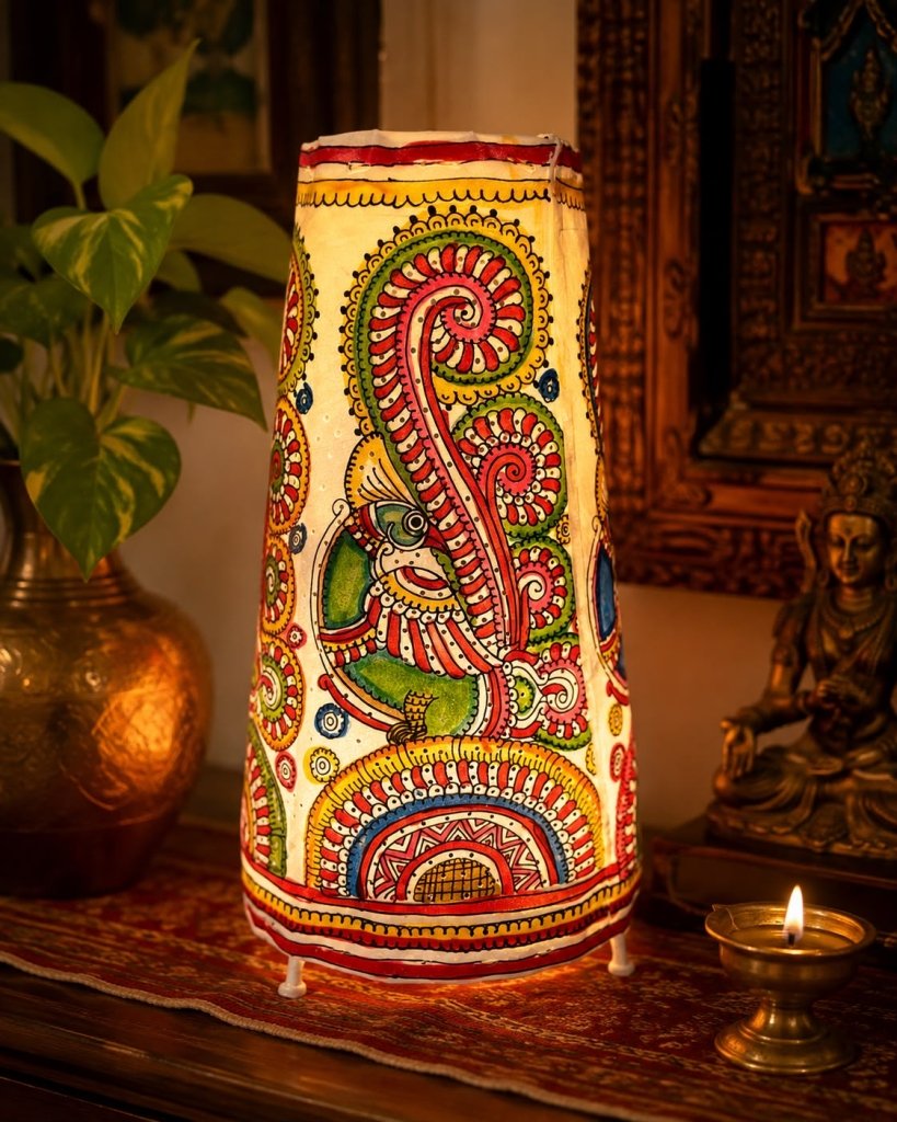 Multi-Color Peacock Lamp: Hand-Painted Andhra Tholu Bommalata Leather Art - Culturati