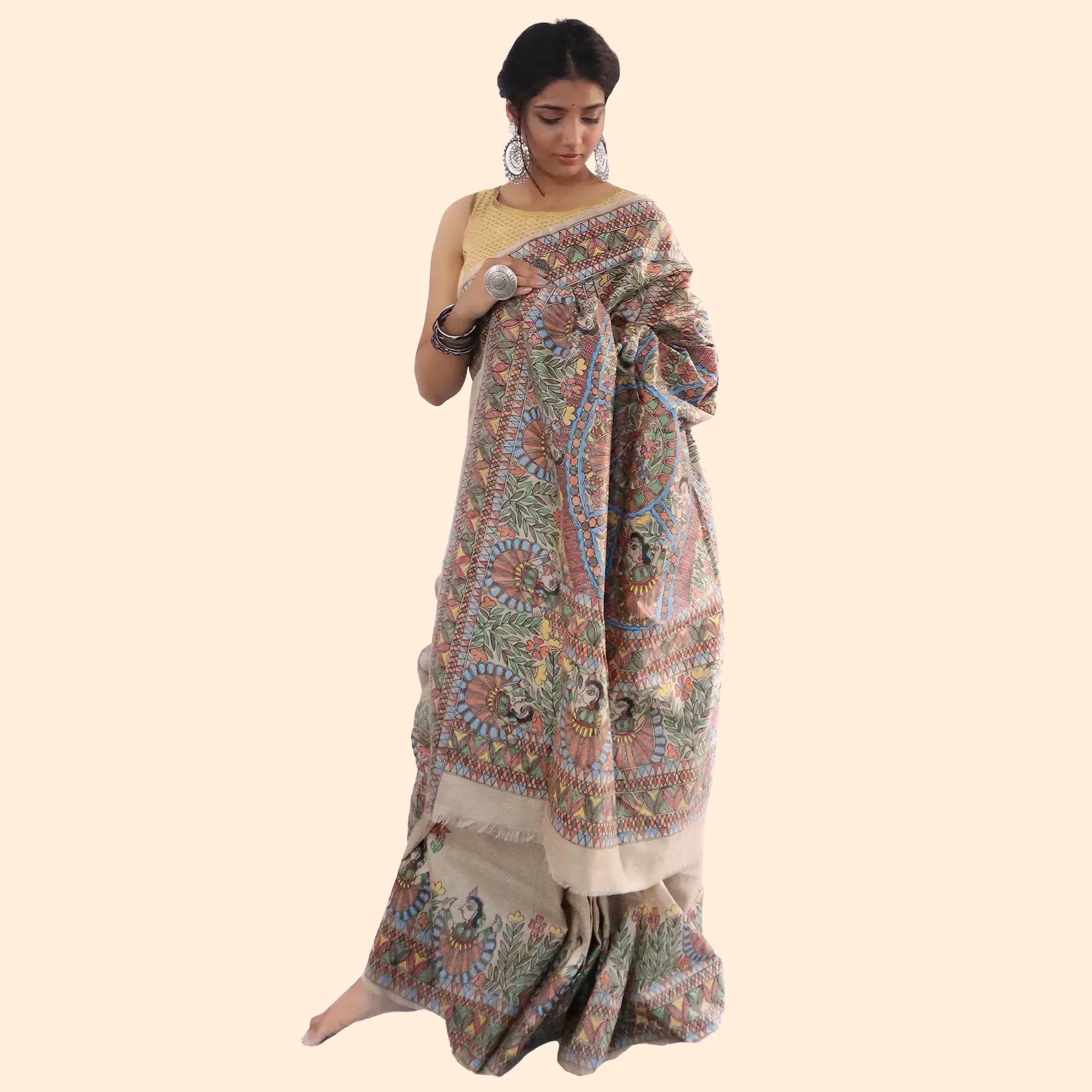 Madhubani Beige Pure Desi Tussar Saree Is A Stunning Blend Of Traditional Art-Made to Order
