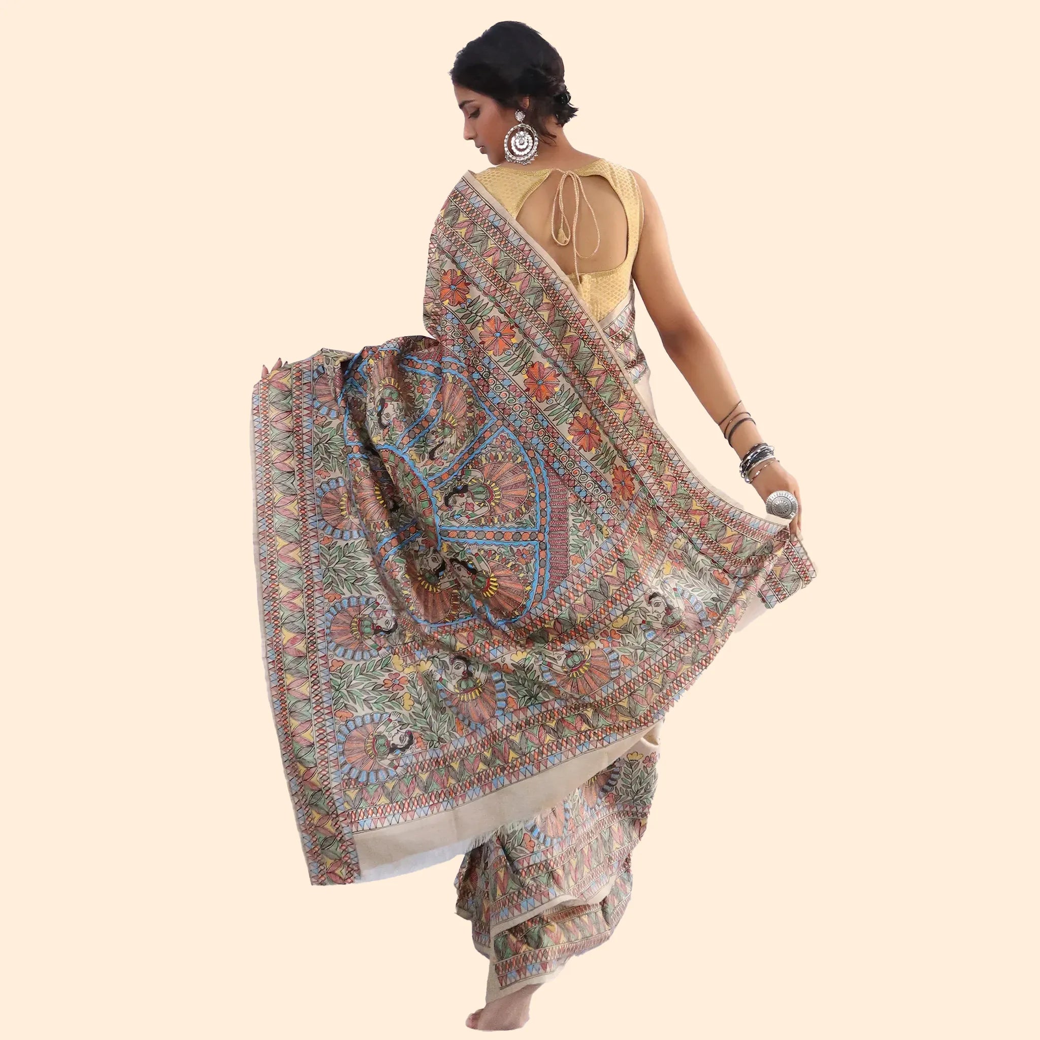 Madhubani Beige Pure Desi Tussar Saree Is A Stunning Blend Of Traditional Art-Made to Order