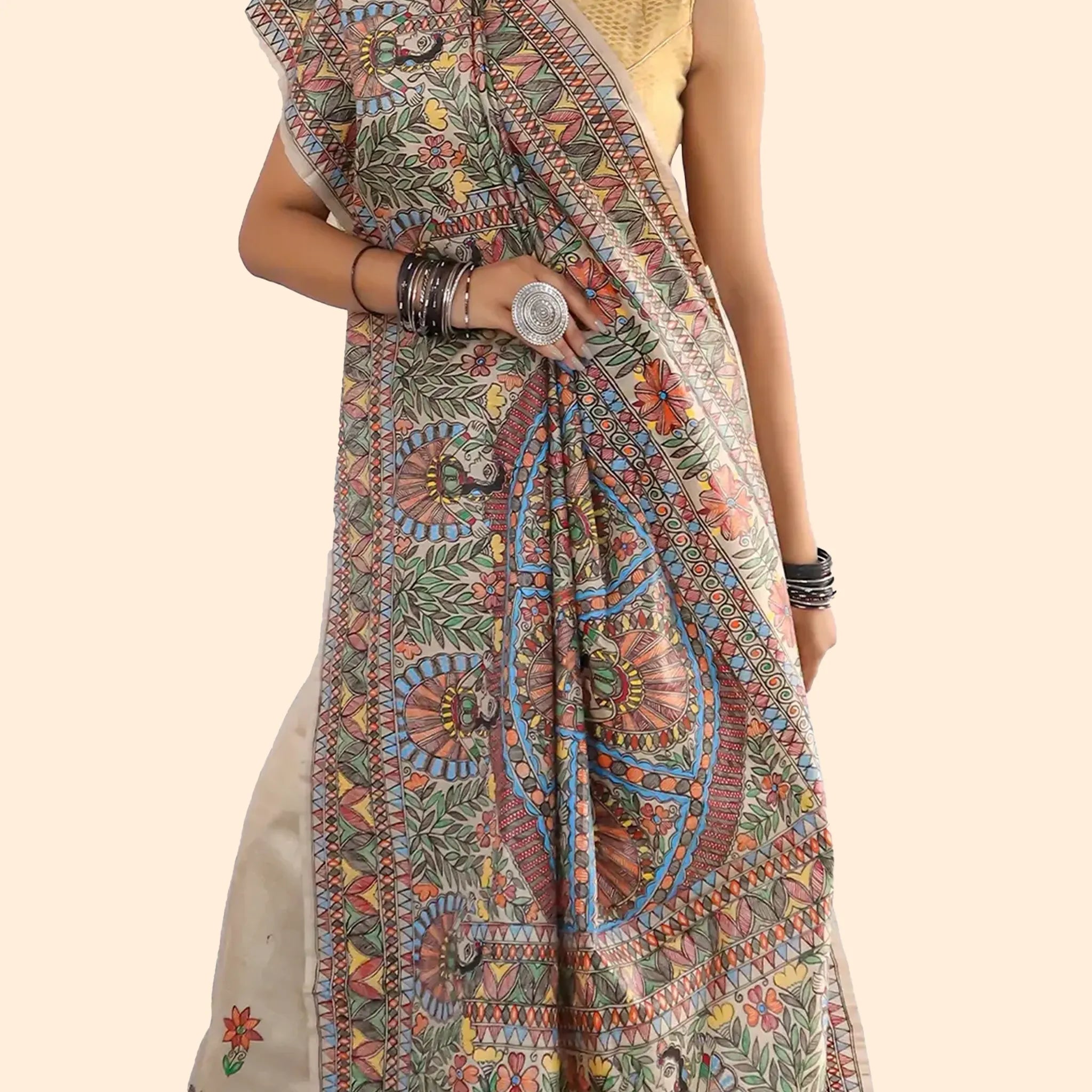 Madhubani Beige Pure Desi Tussar Saree Is A Stunning Blend Of Traditional Art-Made to Order