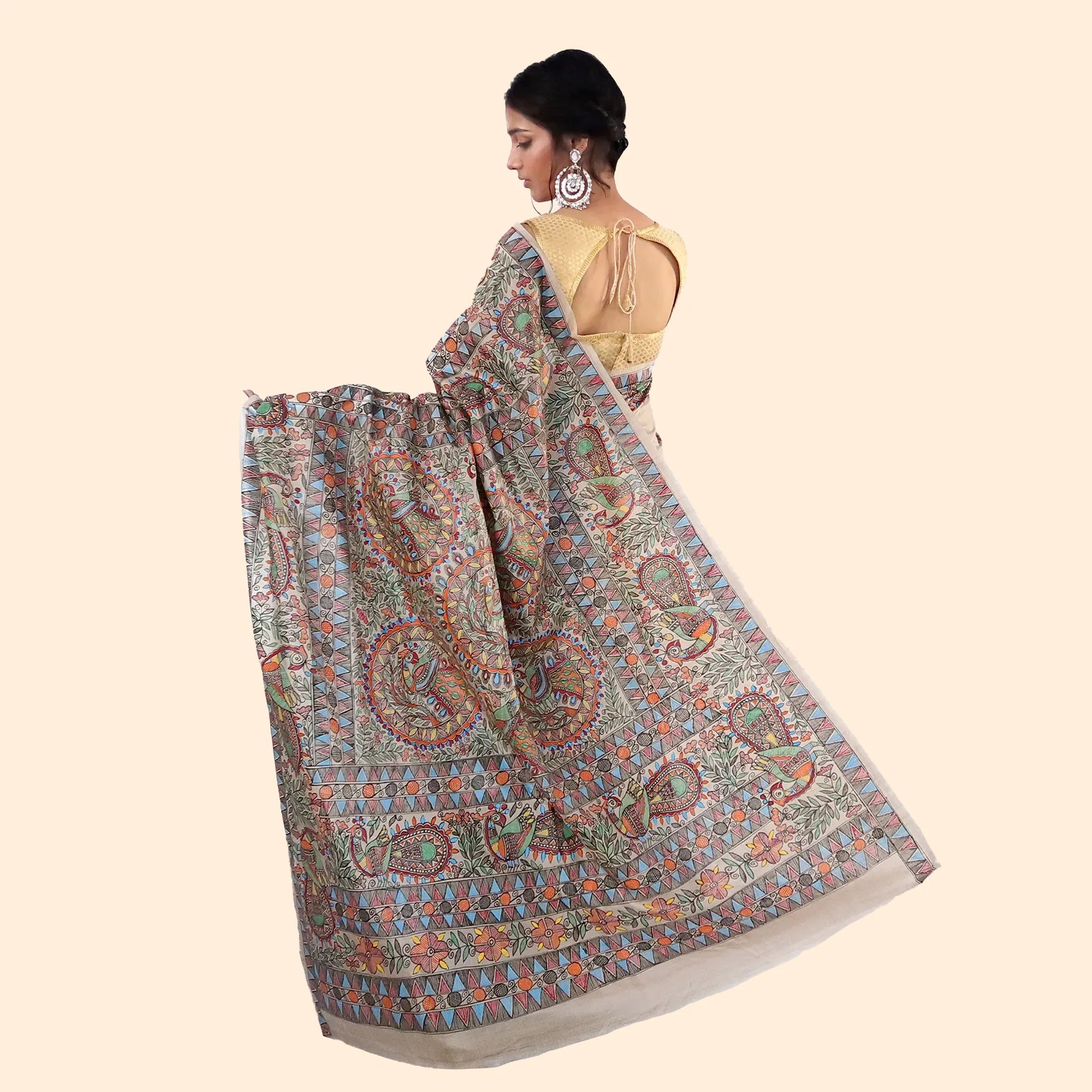 Beige Madhubani Artwork  Pure Desi Tussar Saree-Made to Order