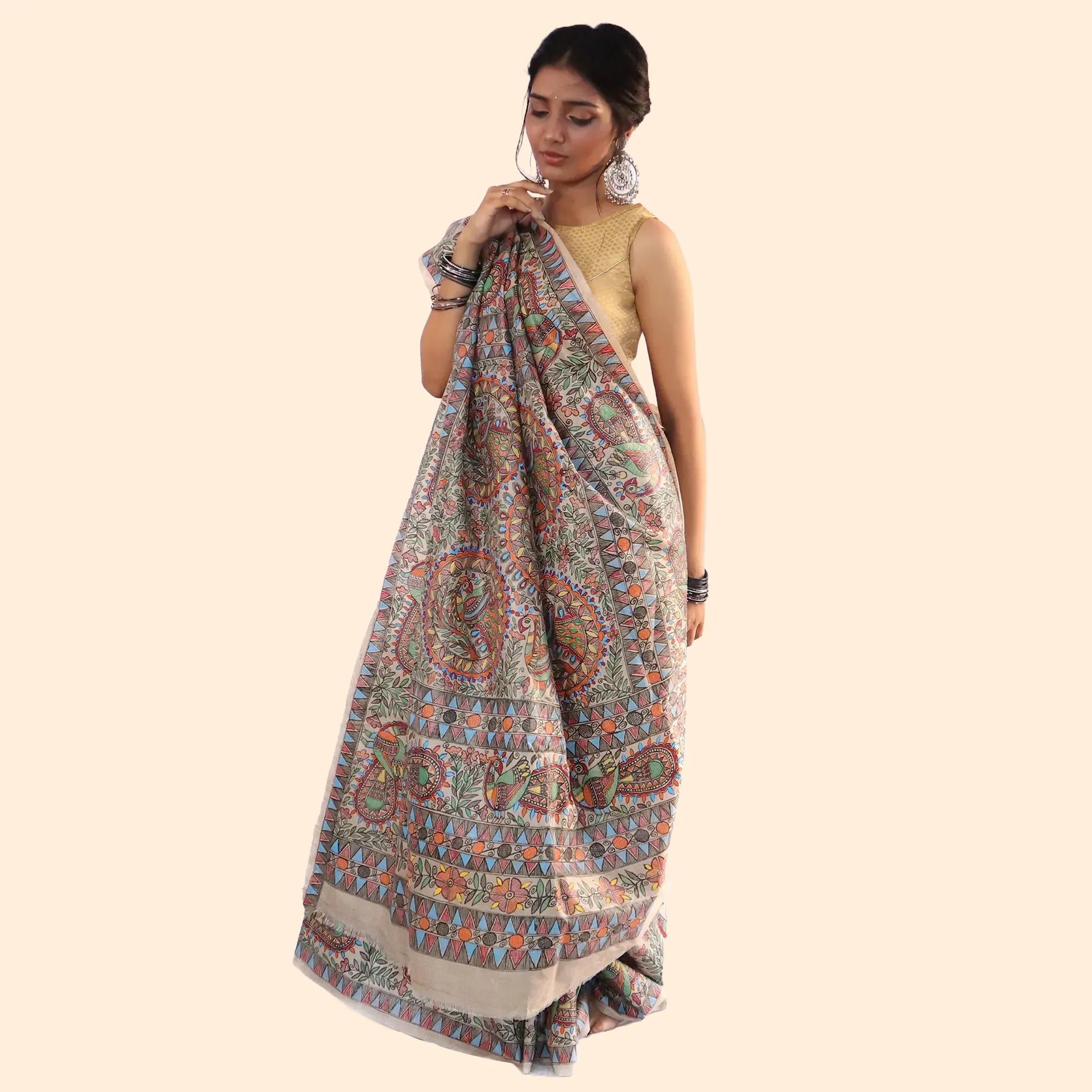 Beige Madhubani Artwork  Pure Desi Tussar Saree-Made to Order