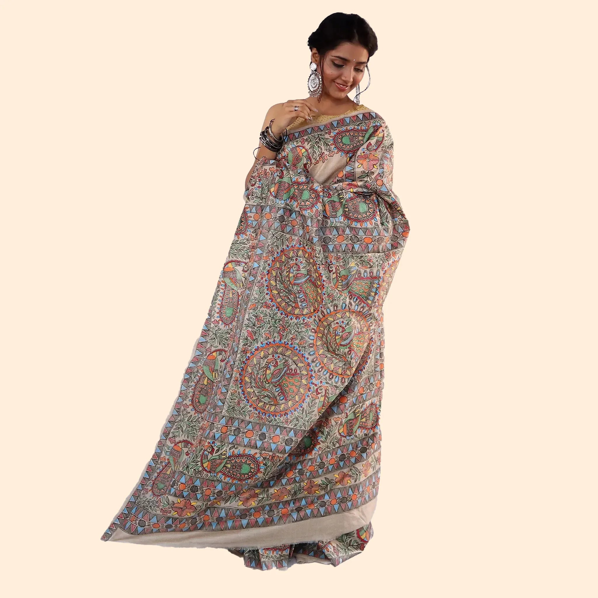 Beige Madhubani Artwork  Pure Desi Tussar Saree-Made to Order
